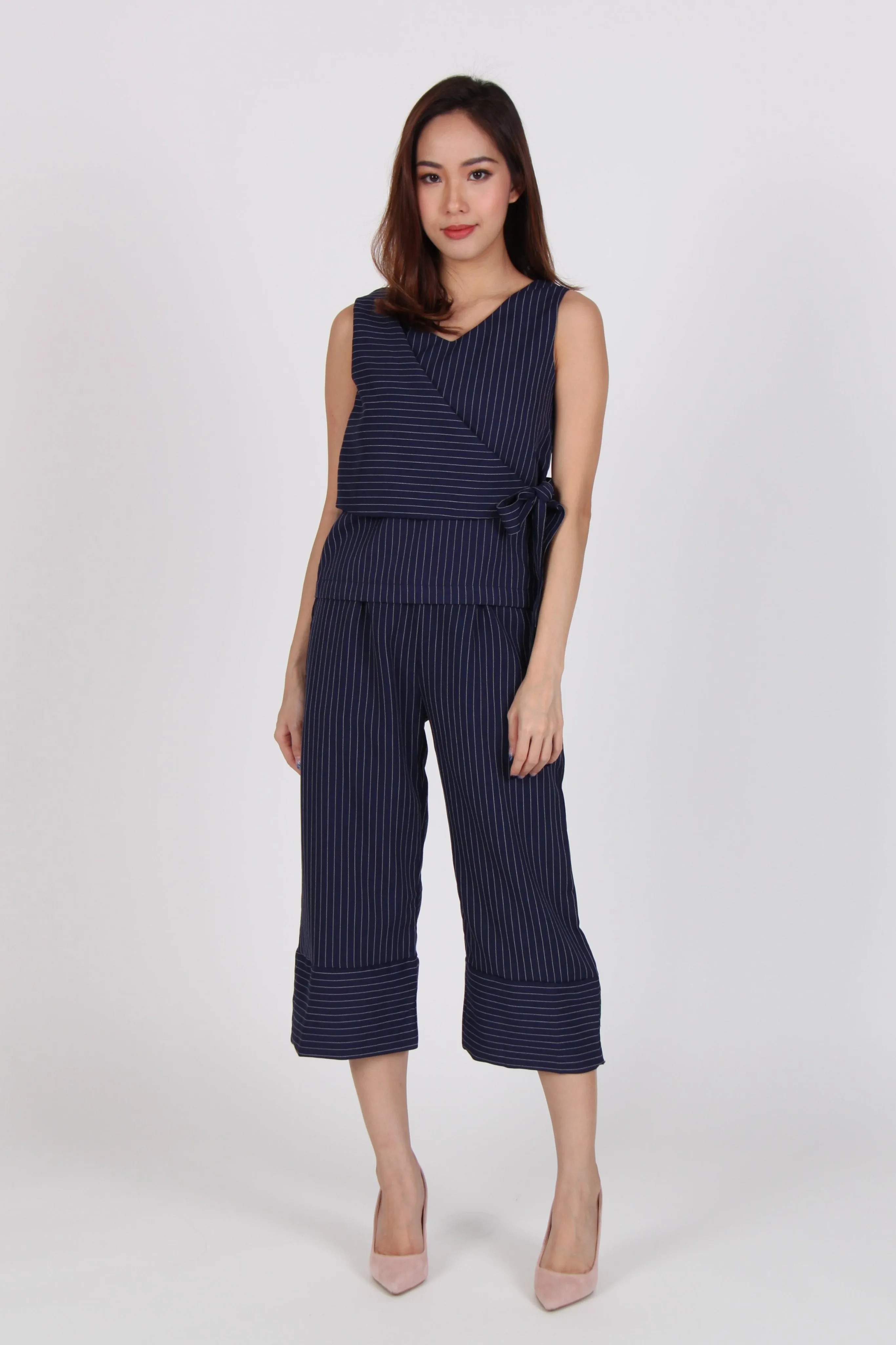 2 Piece Pinstripe Side Overlap Top with Culottes in Navy Blue