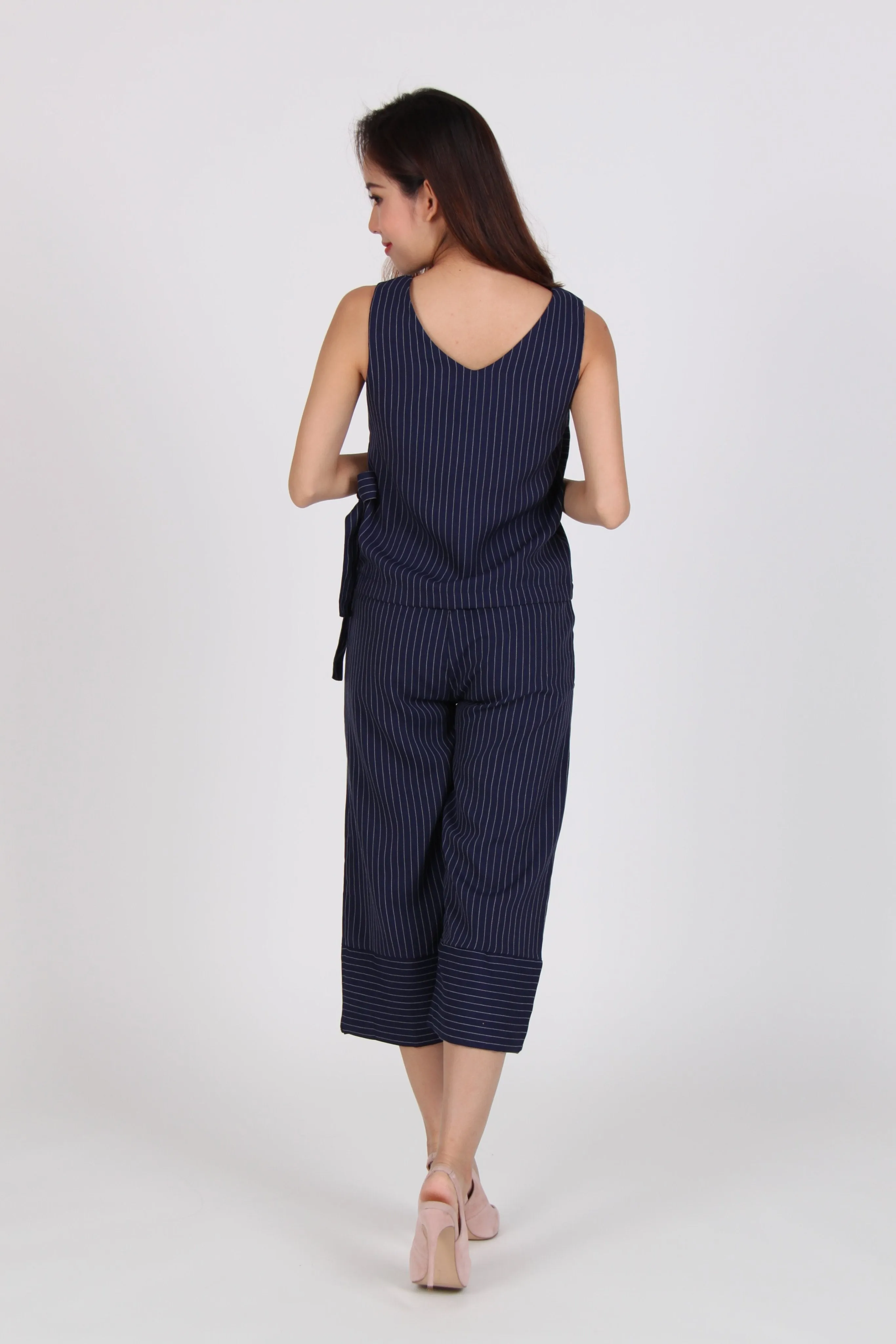 2 Piece Pinstripe Side Overlap Top with Culottes in Navy Blue