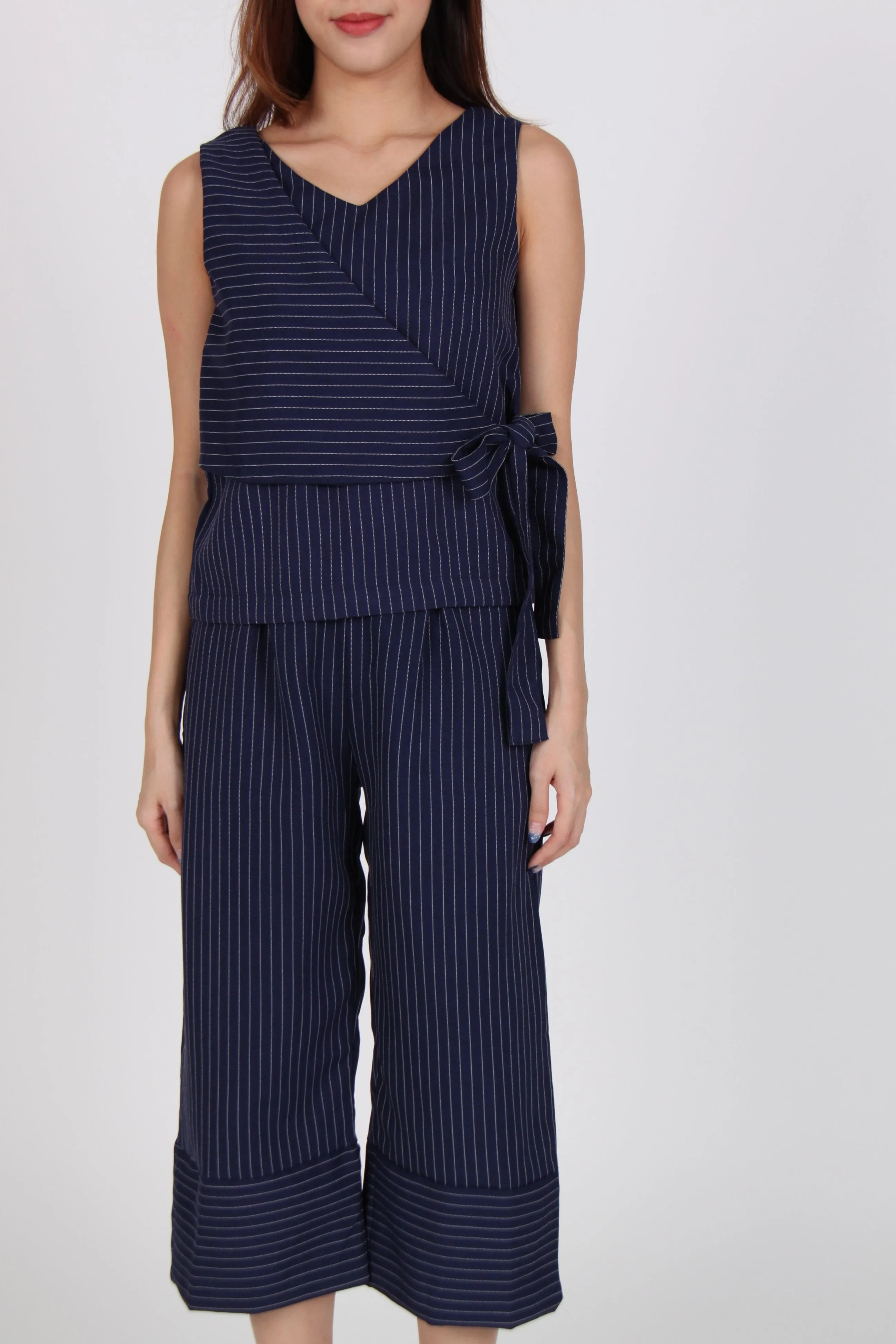 2 Piece Pinstripe Side Overlap Top with Culottes in Navy Blue