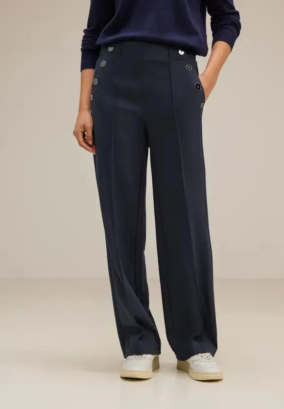 376972- Button Detail High Waist Navy Trouser - Street One