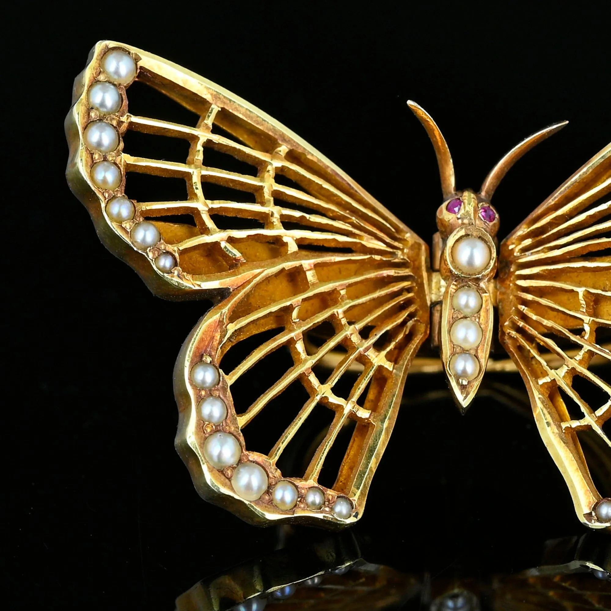 Antique AJ Hedges 14K Gold Pearl Ruby Butterfly Brooch Clip