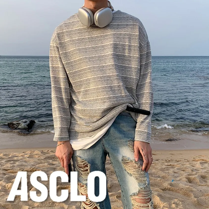 ASCLO  |Crew Neck Pullovers Stripes Unisex Linen Street Style U-Neck