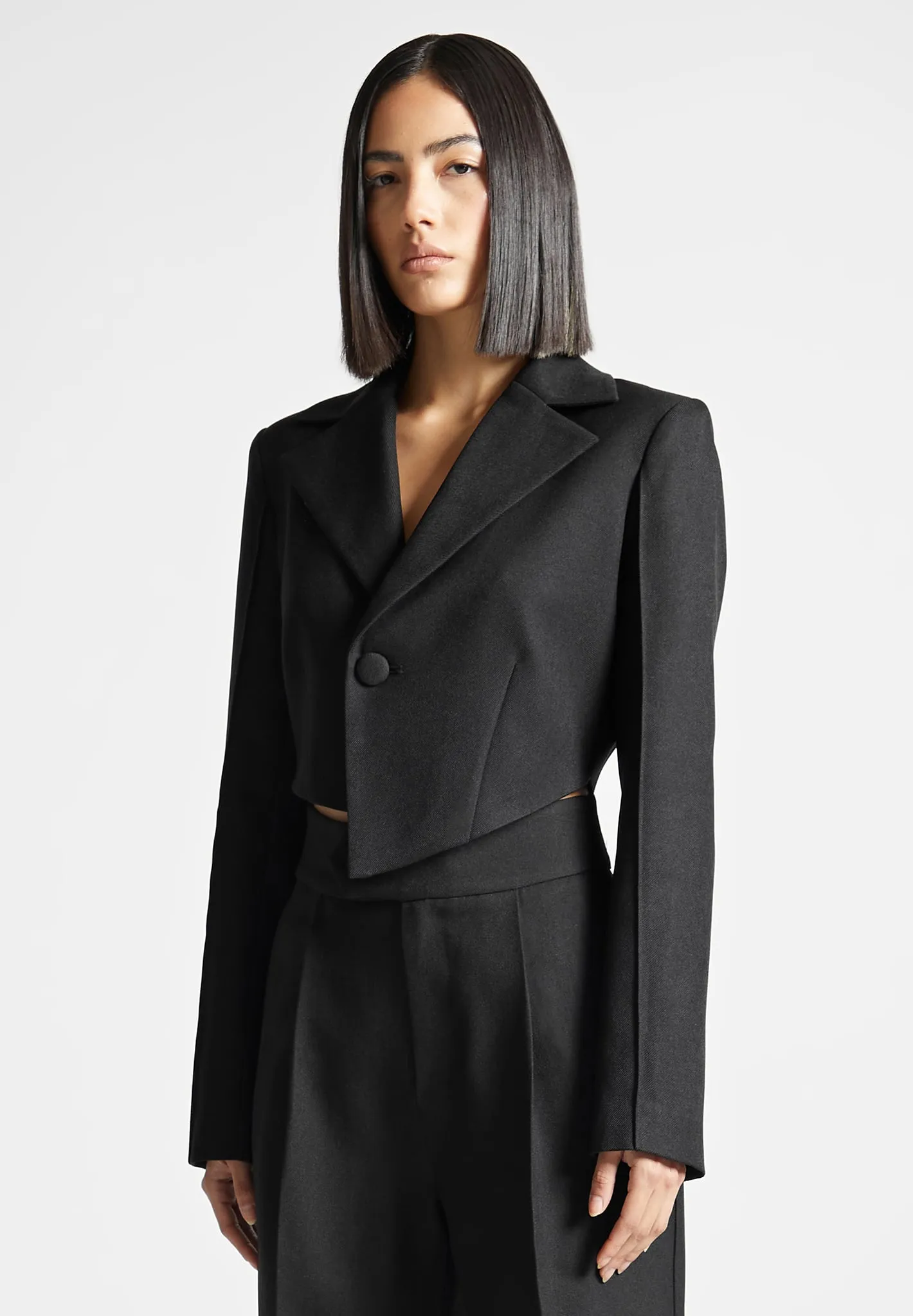 Asymmetric Tailored Cropped Blazer - Black