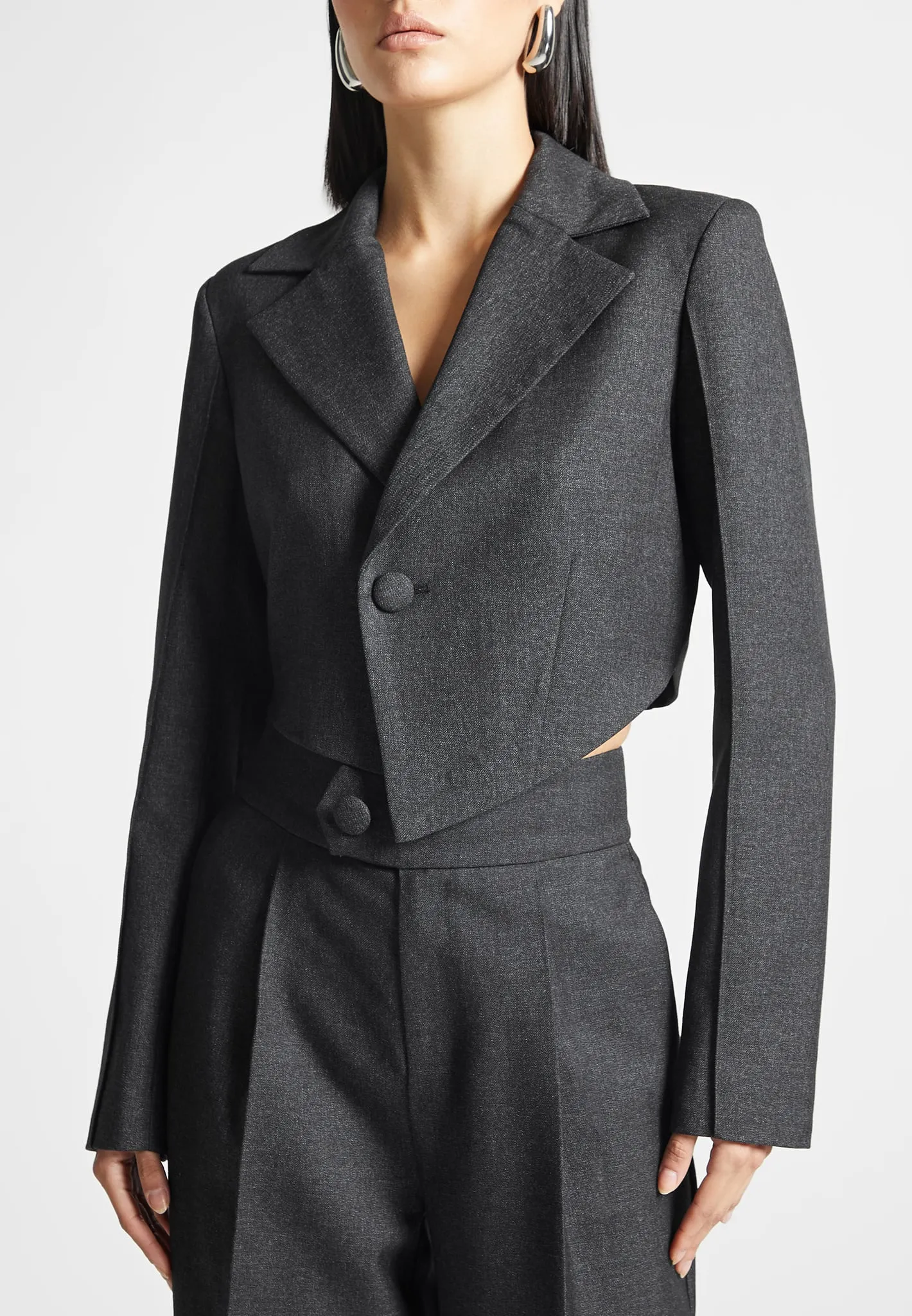 Asymmetric Tailored Cropped Blazer - Dark Grey