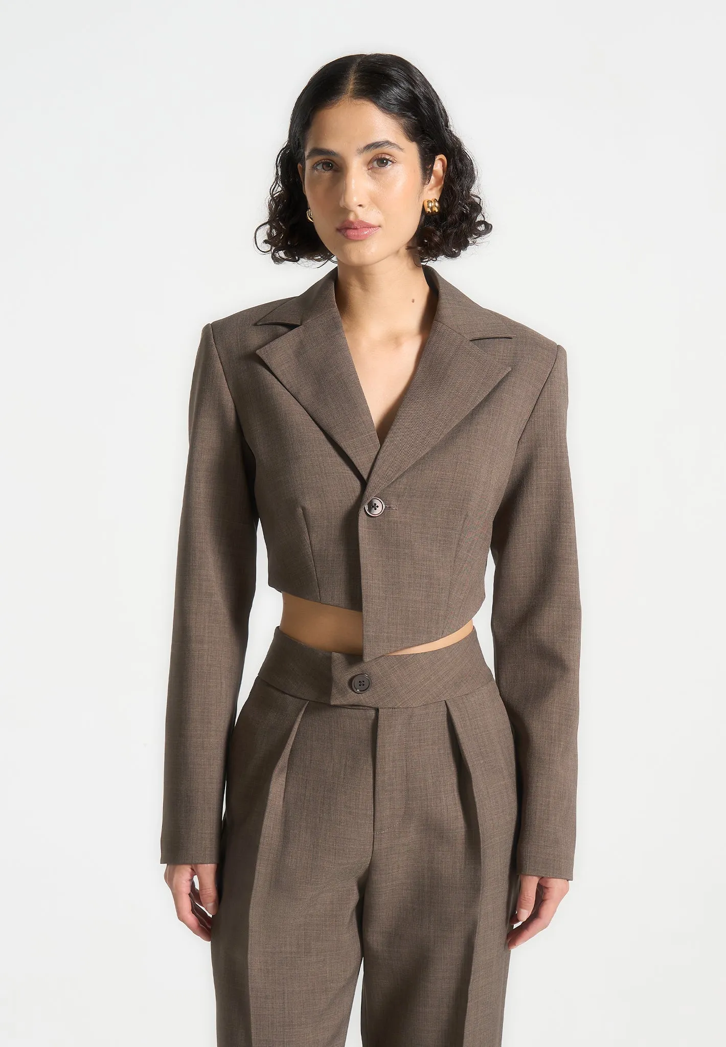 Asymmetric Tailored Cropped Blazer - Dark Taupe