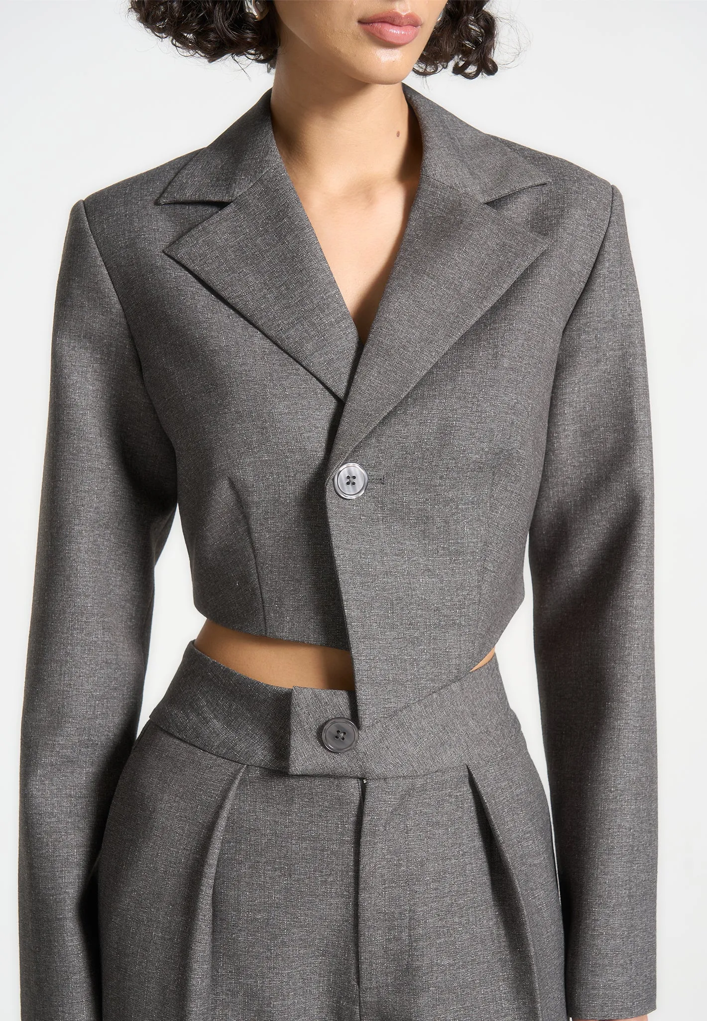 Asymmetric Tailored Cropped Blazer - Grey Marl