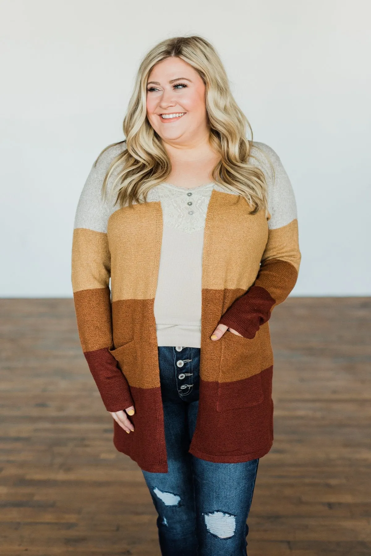 Autumn Bliss Colorblock Cardigan- Taupe, Camel, Brick