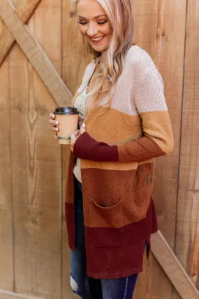 Autumn Bliss Colorblock Cardigan- Taupe, Camel, Brick