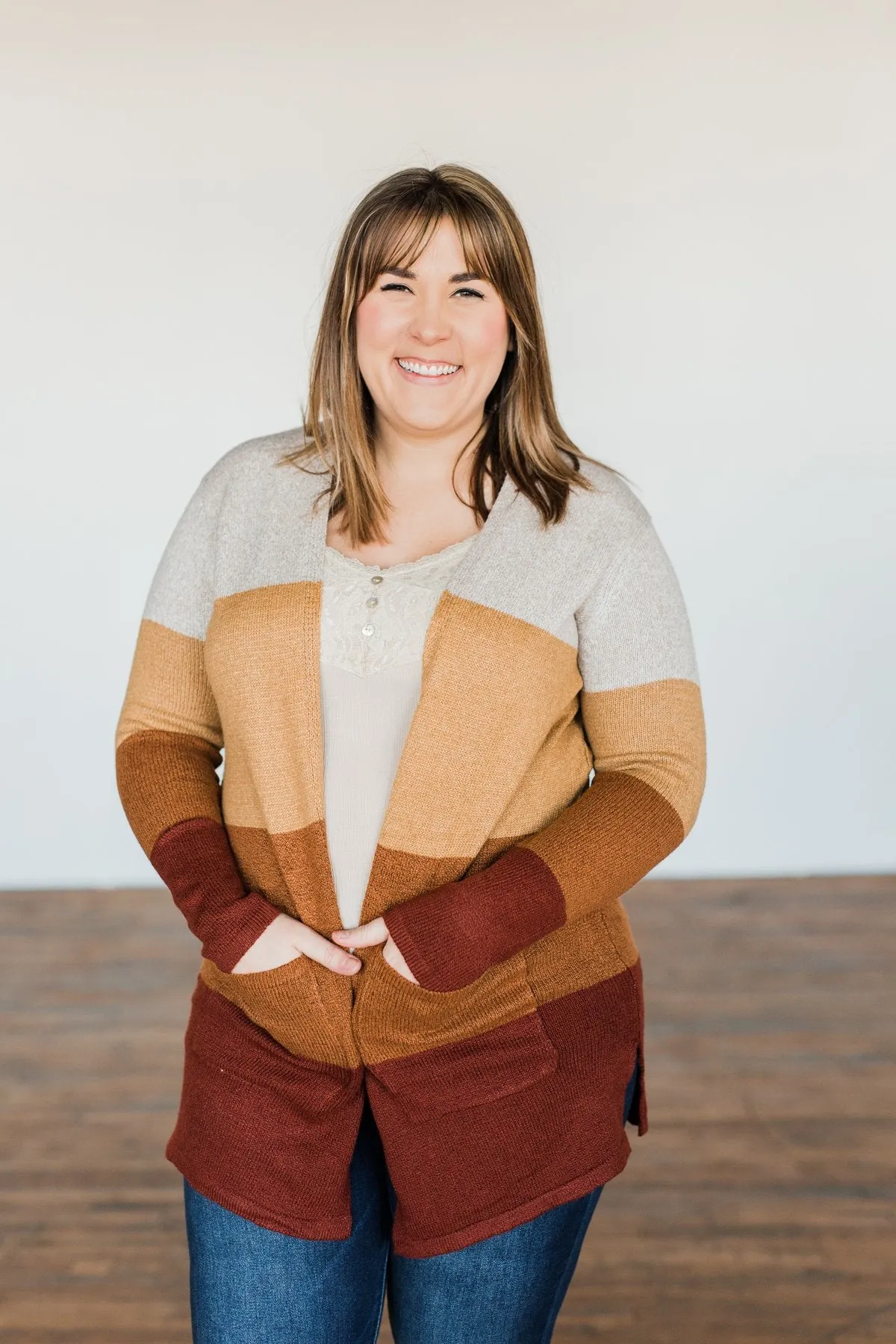 Autumn Bliss Colorblock Cardigan- Taupe, Camel, Brick