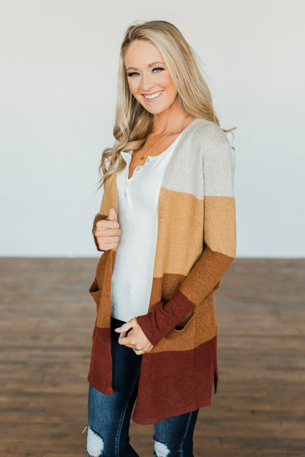 Autumn Bliss Colorblock Cardigan- Taupe, Camel, Brick