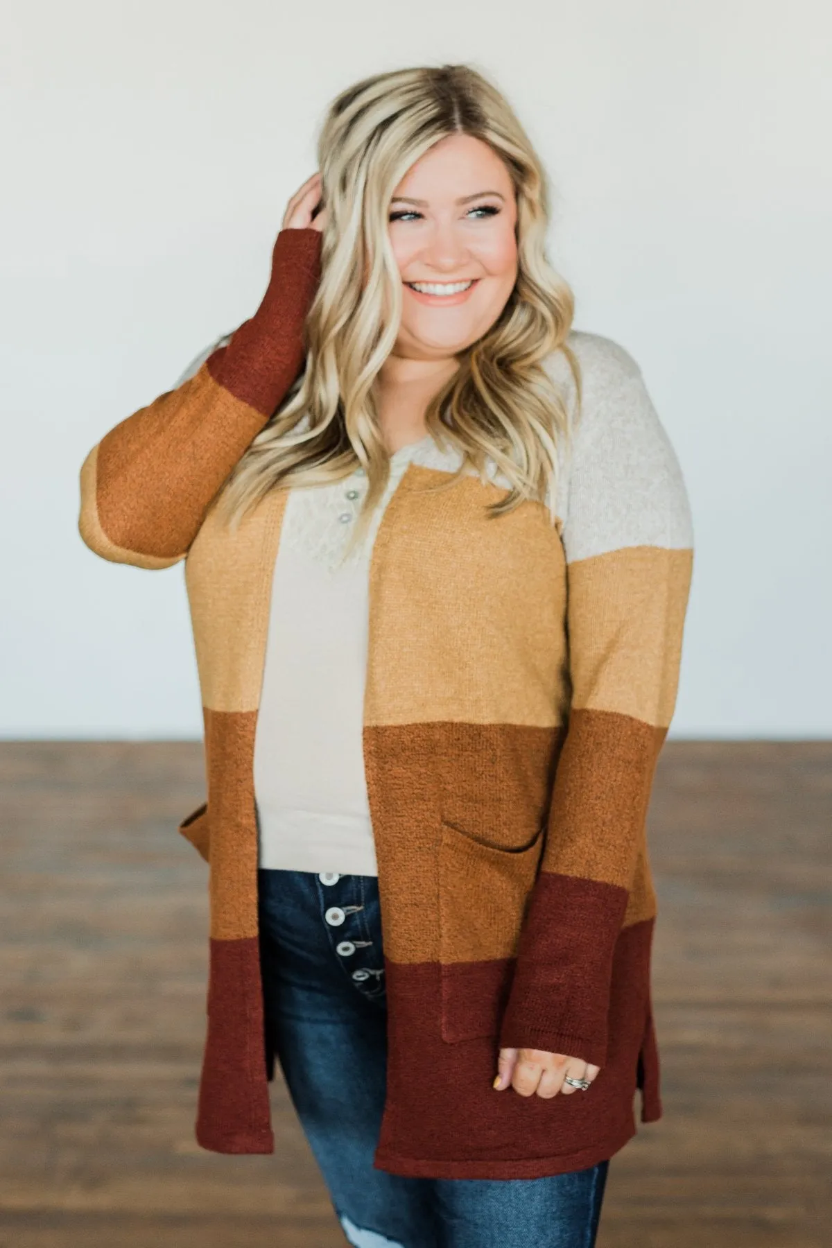 Autumn Bliss Colorblock Cardigan- Taupe, Camel, Brick