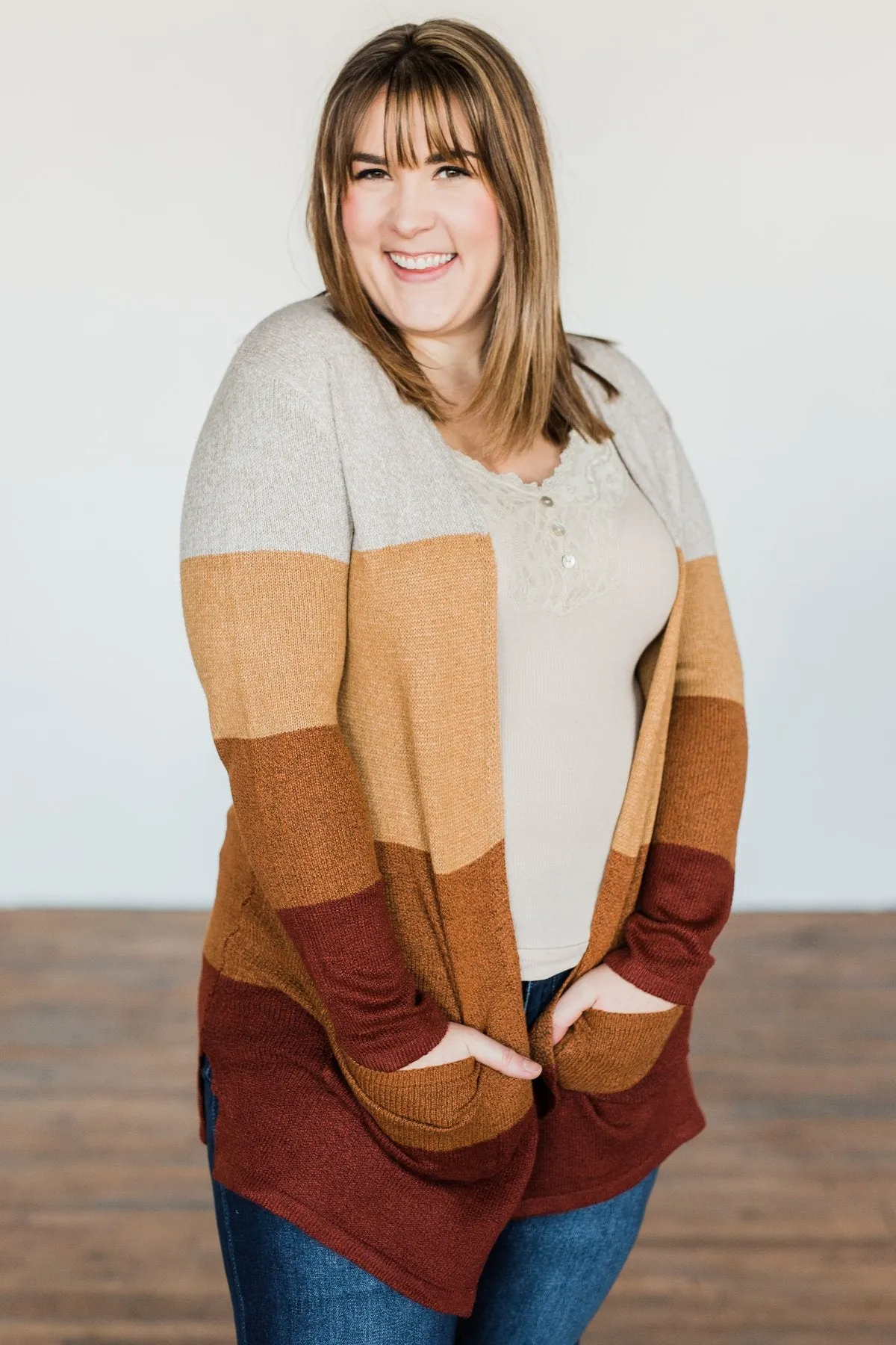 Autumn Bliss Colorblock Cardigan- Taupe, Camel, Brick