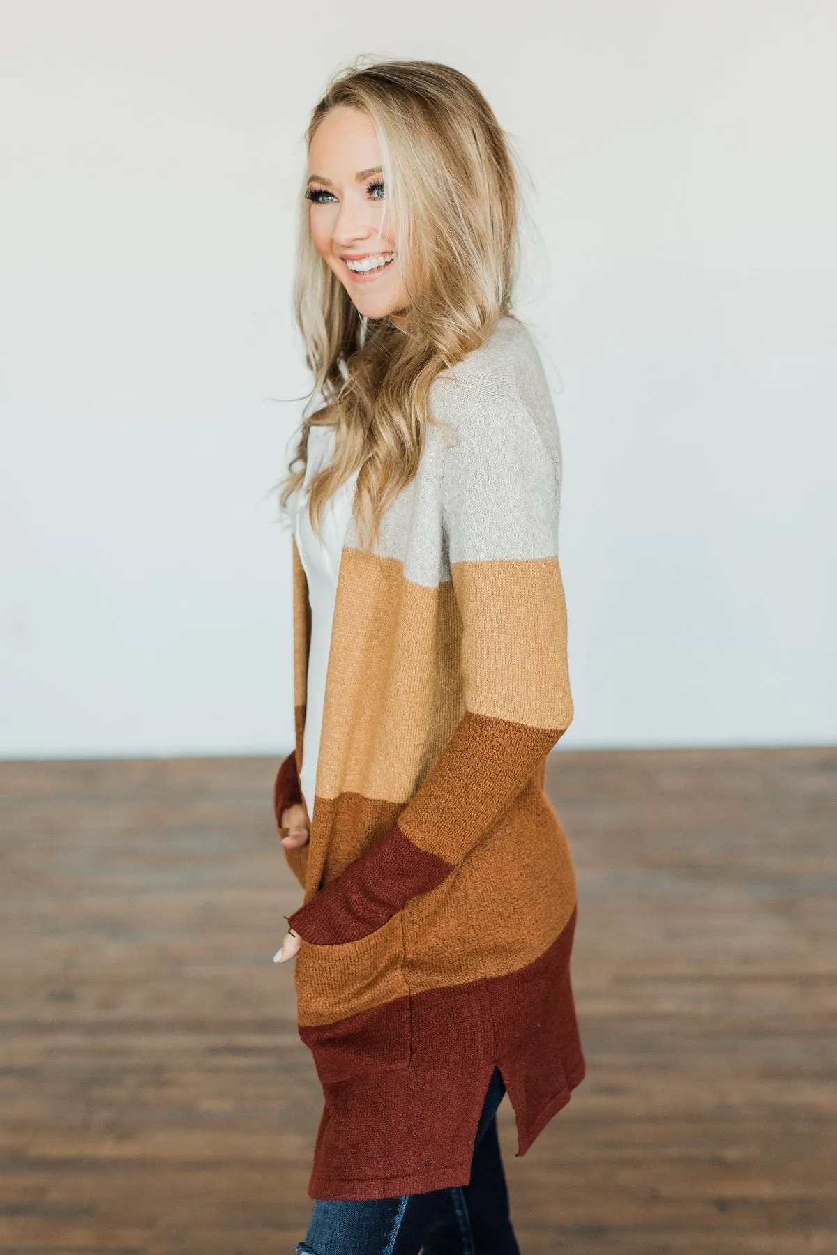 Autumn Bliss Colorblock Cardigan- Taupe, Camel, Brick