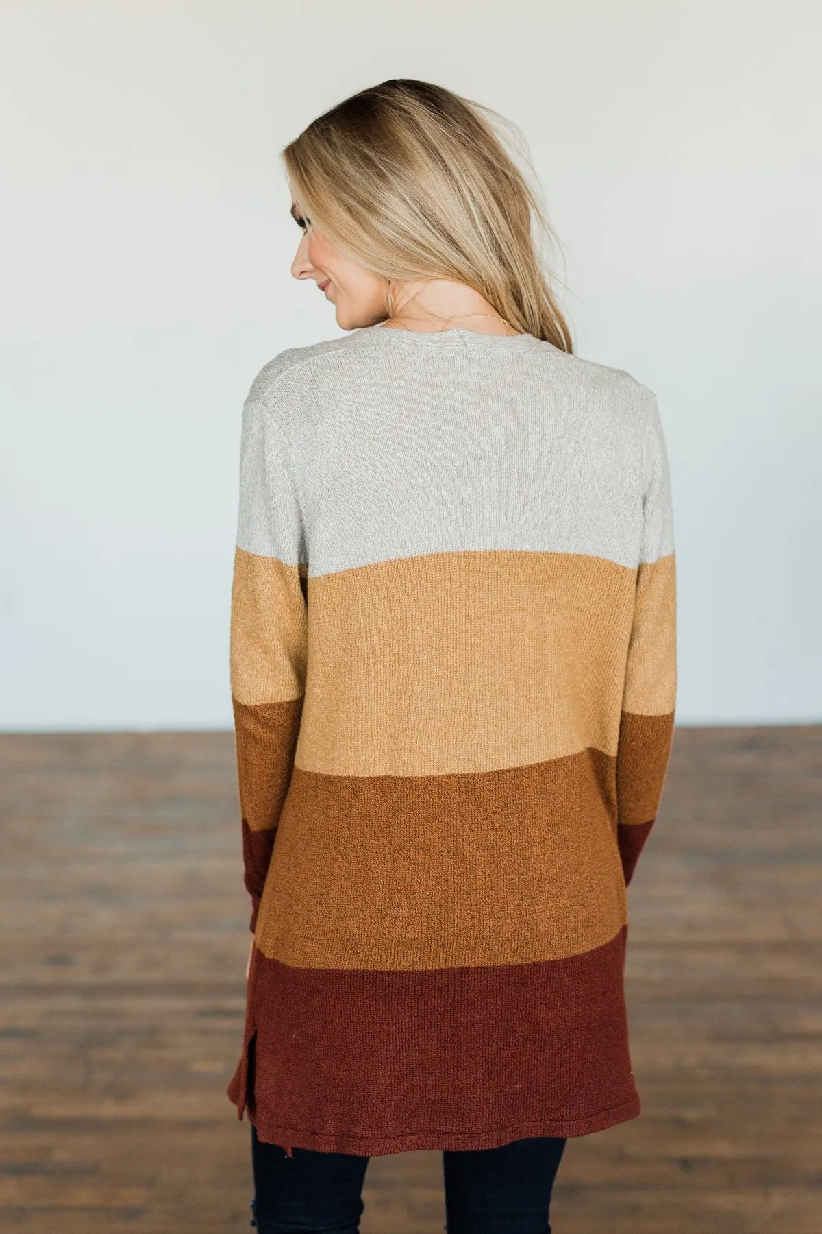 Autumn Bliss Colorblock Cardigan- Taupe, Camel, Brick