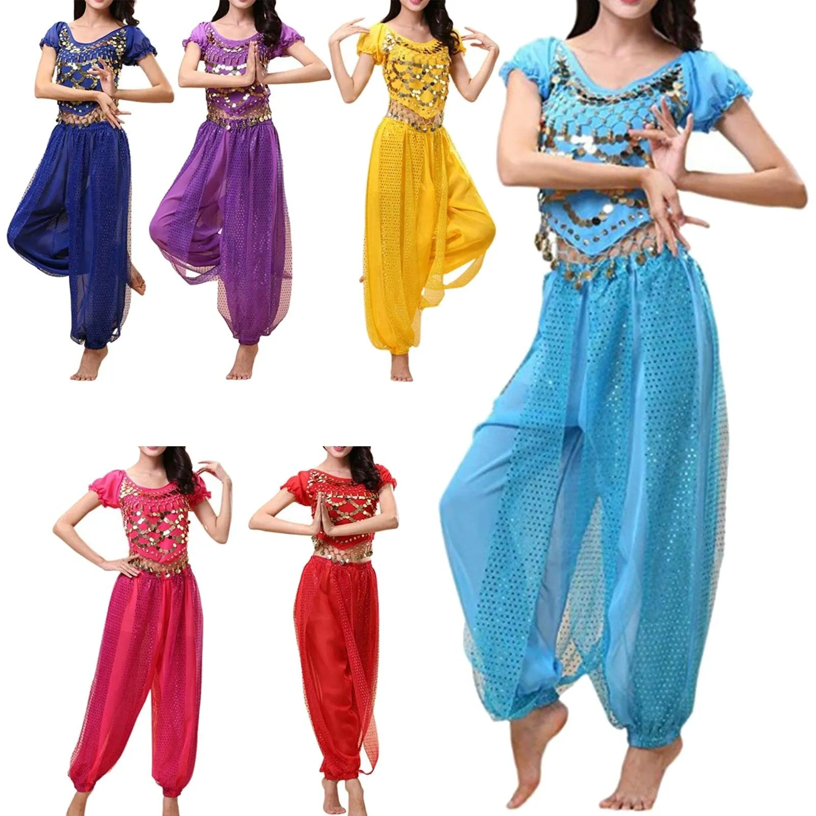 Belly Dancer Costume Puff Sleeves Sequin Top with Harem Pants