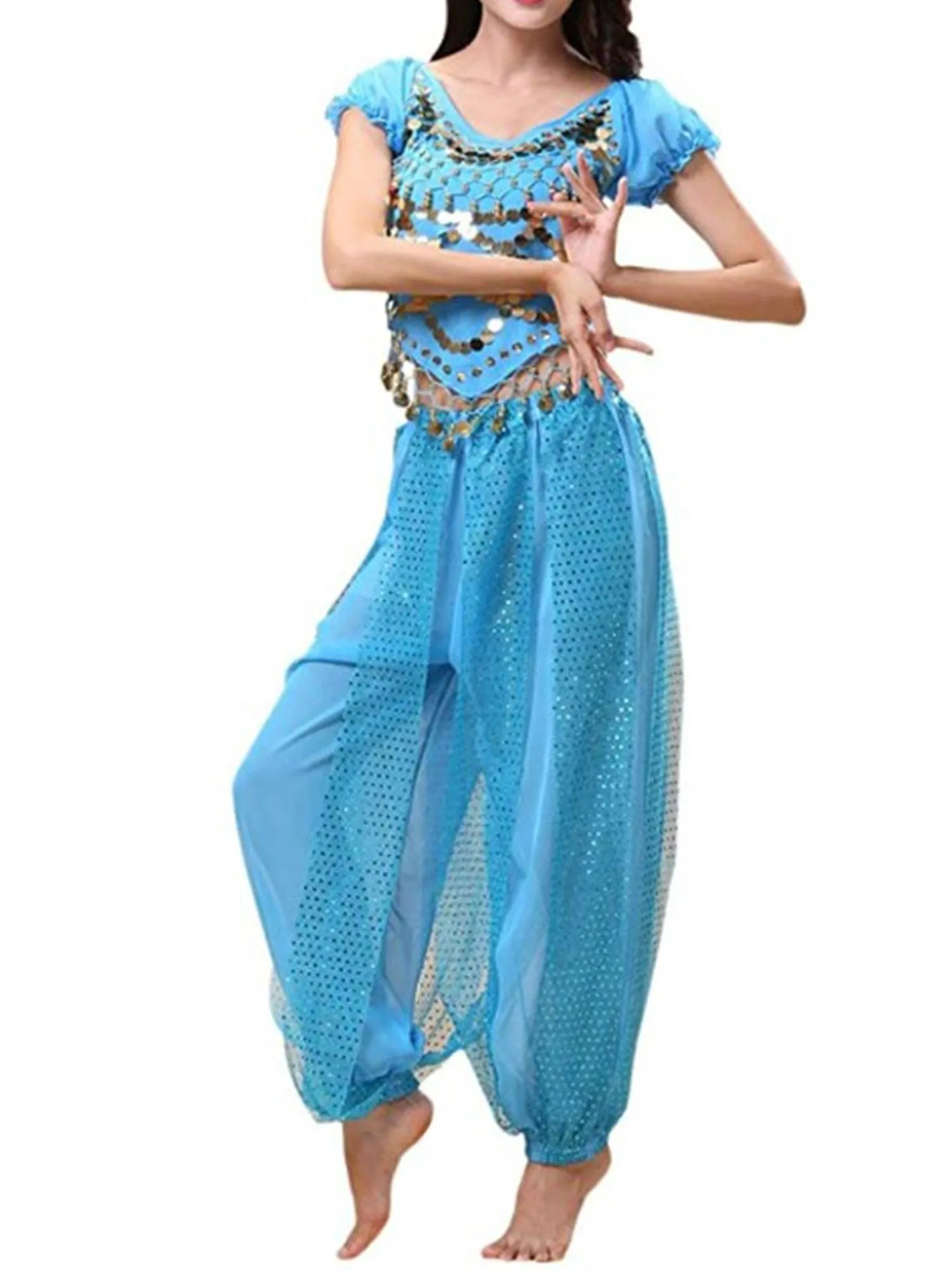 Belly Dancer Costume Puff Sleeves Sequin Top with Harem Pants