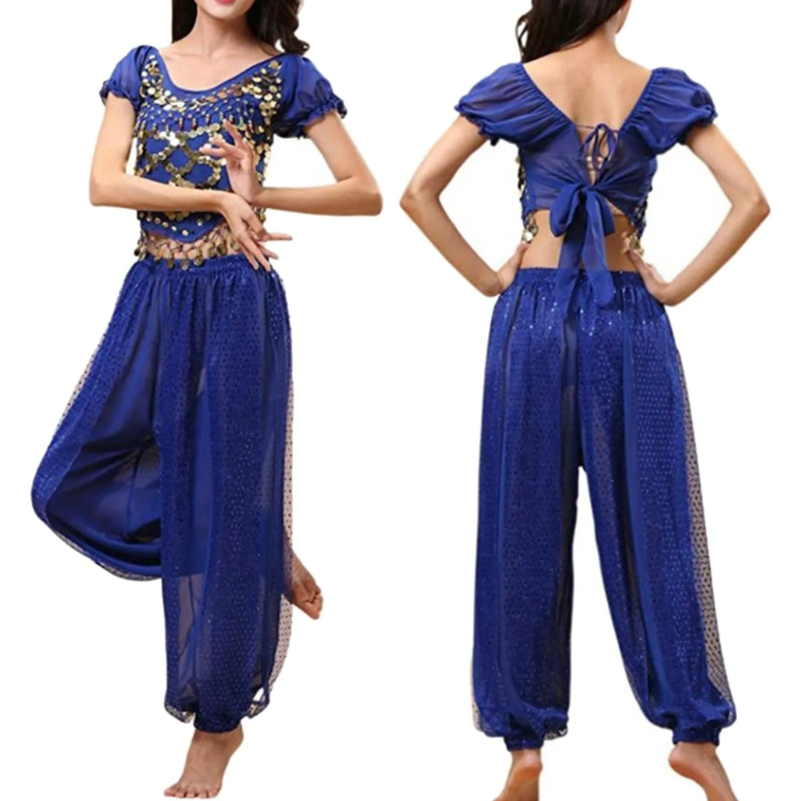 Belly Dancer Costume Puff Sleeves Sequin Top with Harem Pants