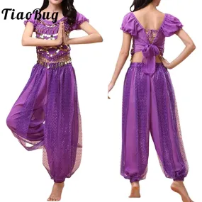 Belly Dancer Costume Puff Sleeves Sequin Top with Harem Pants