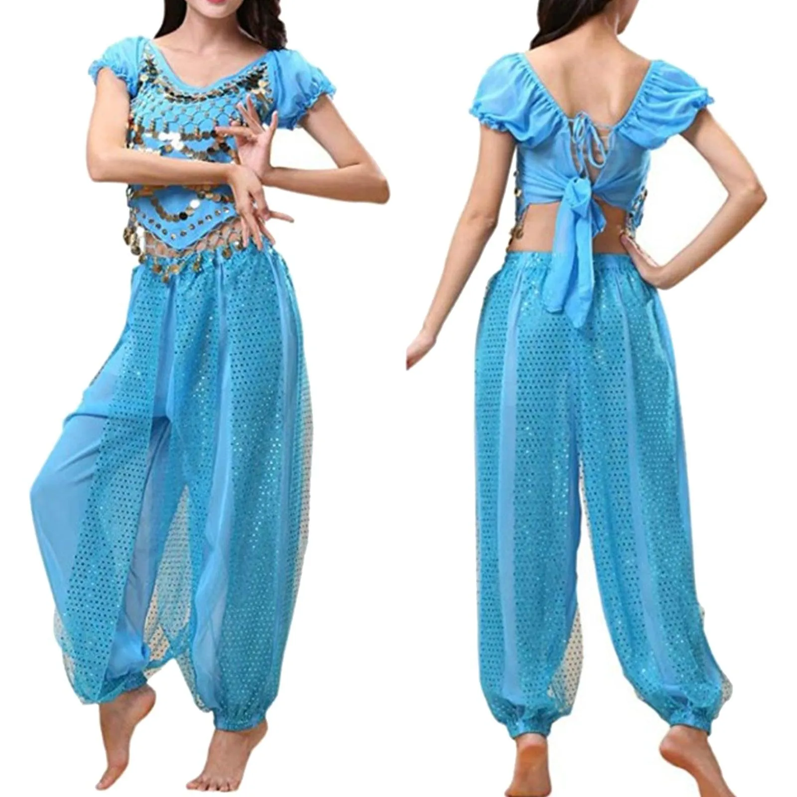 Belly Dancer Costume Puff Sleeves Sequin Top with Harem Pants