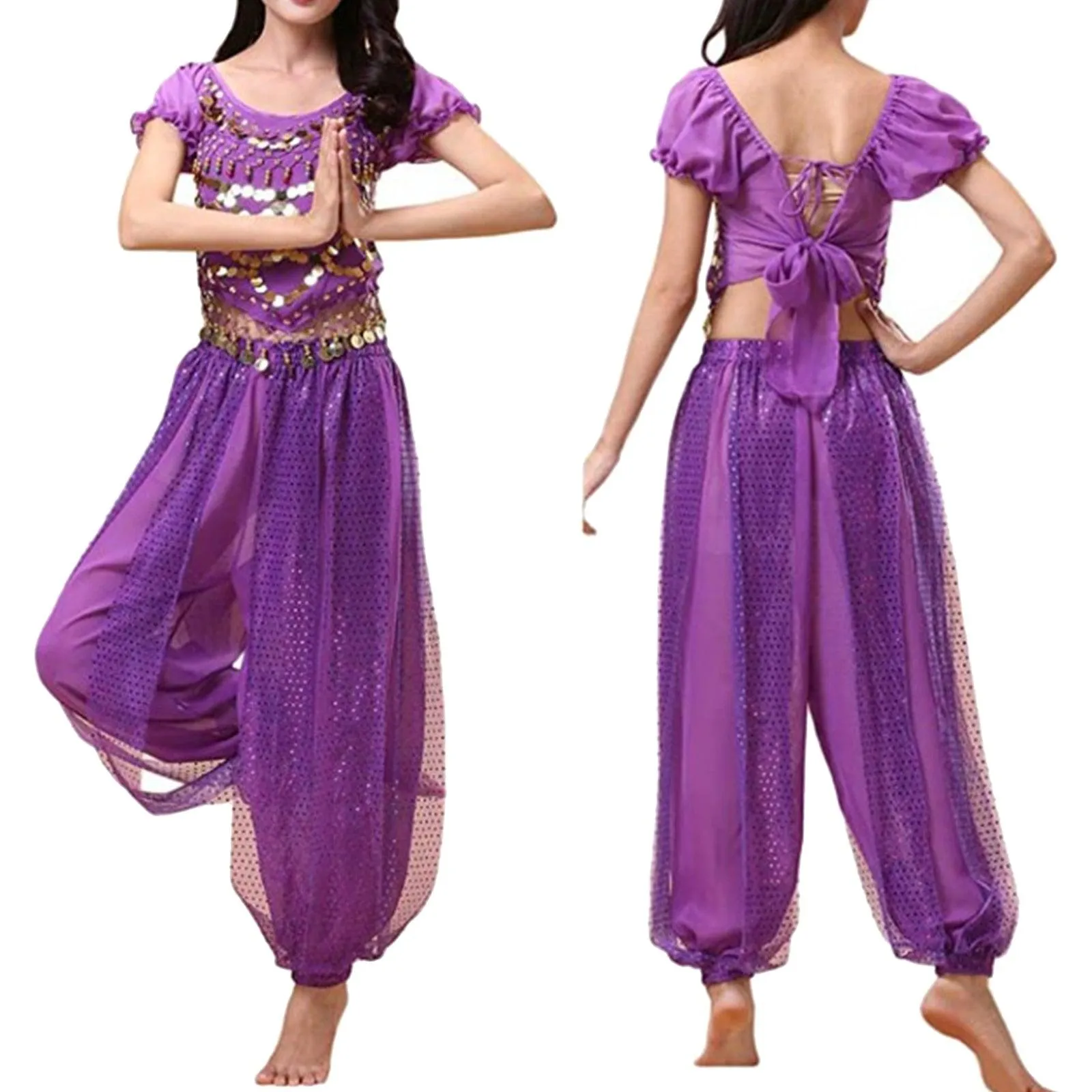 Belly Dancer Costume Puff Sleeves Sequin Top with Harem Pants