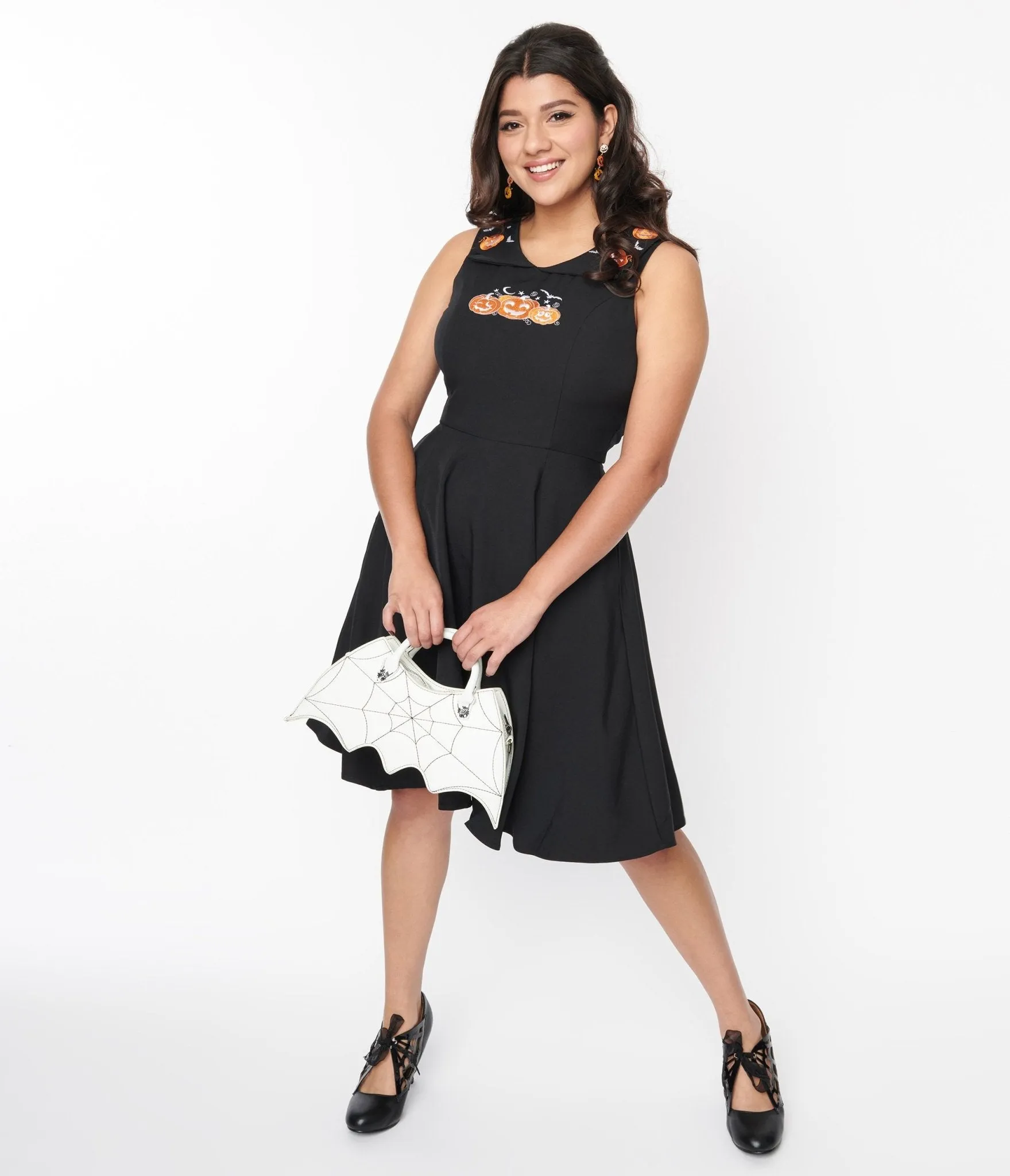 Black & Pumpkin Embroidered Flare Dress