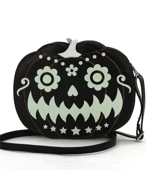 Black Leatherette Glow in the Dark Jack O Lantern Crossbody Bag