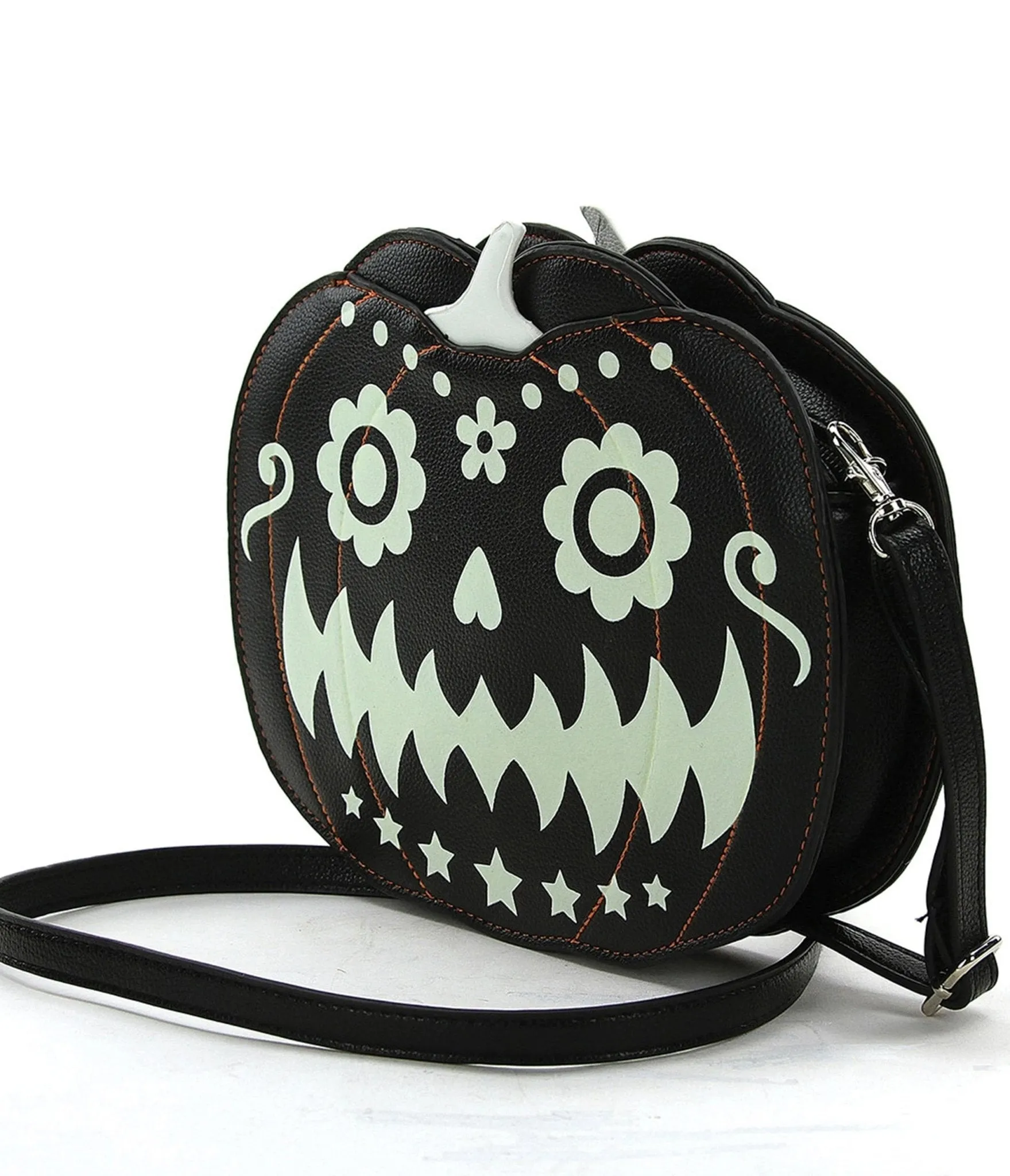 Black Leatherette Glow in the Dark Jack O Lantern Crossbody Bag