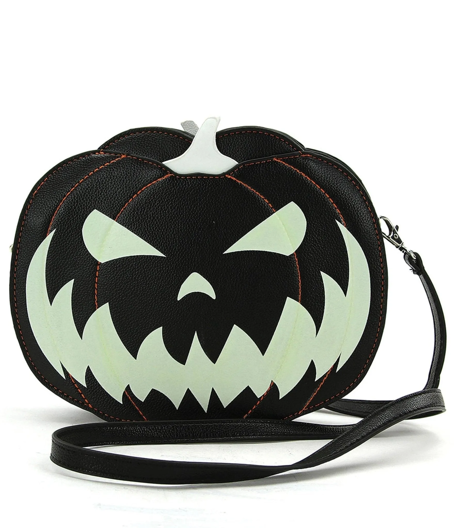 Black Leatherette Glow in the Dark Jack O Lantern Crossbody Bag