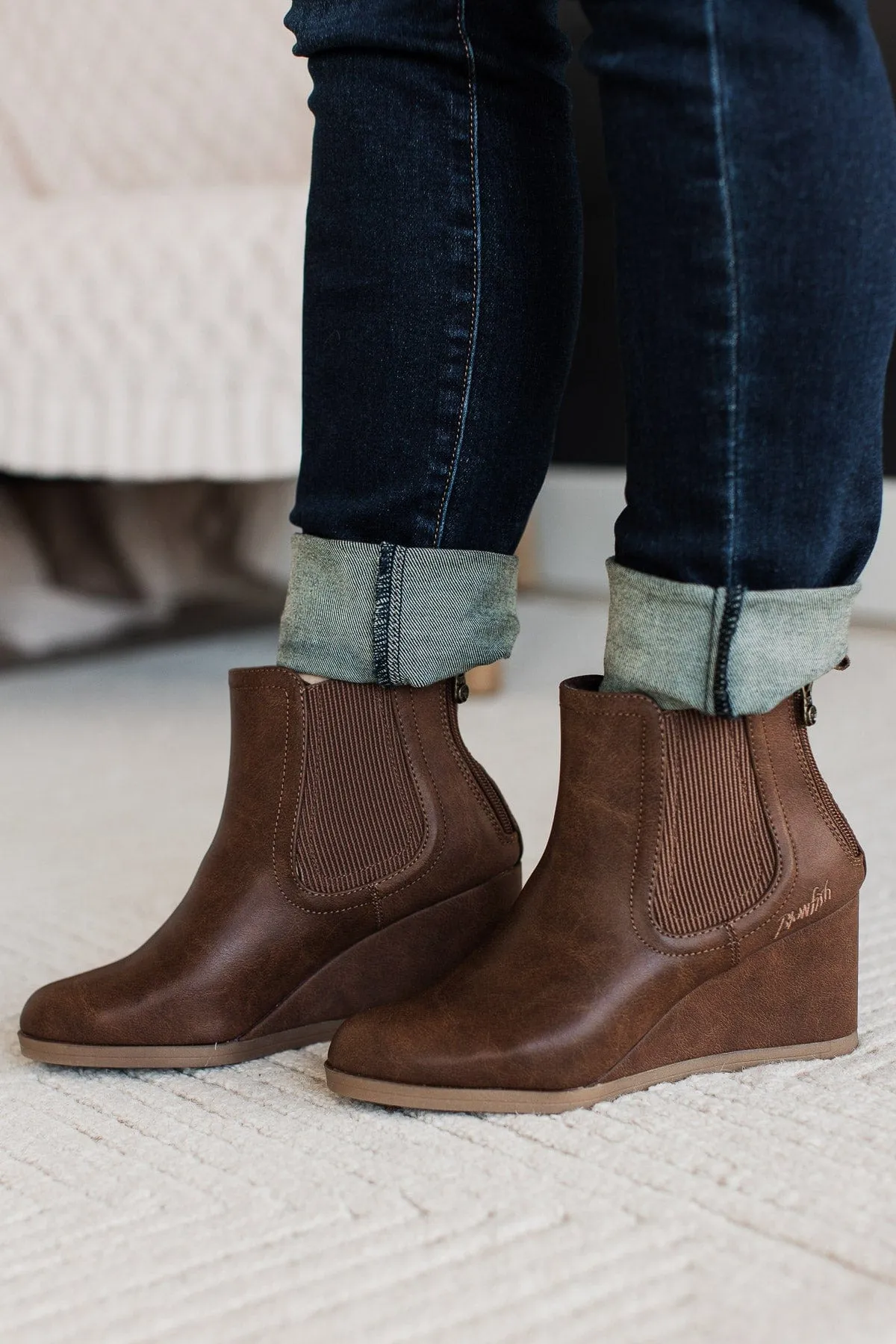 Blowfish Praline Wedge Booties- Rust Redwood