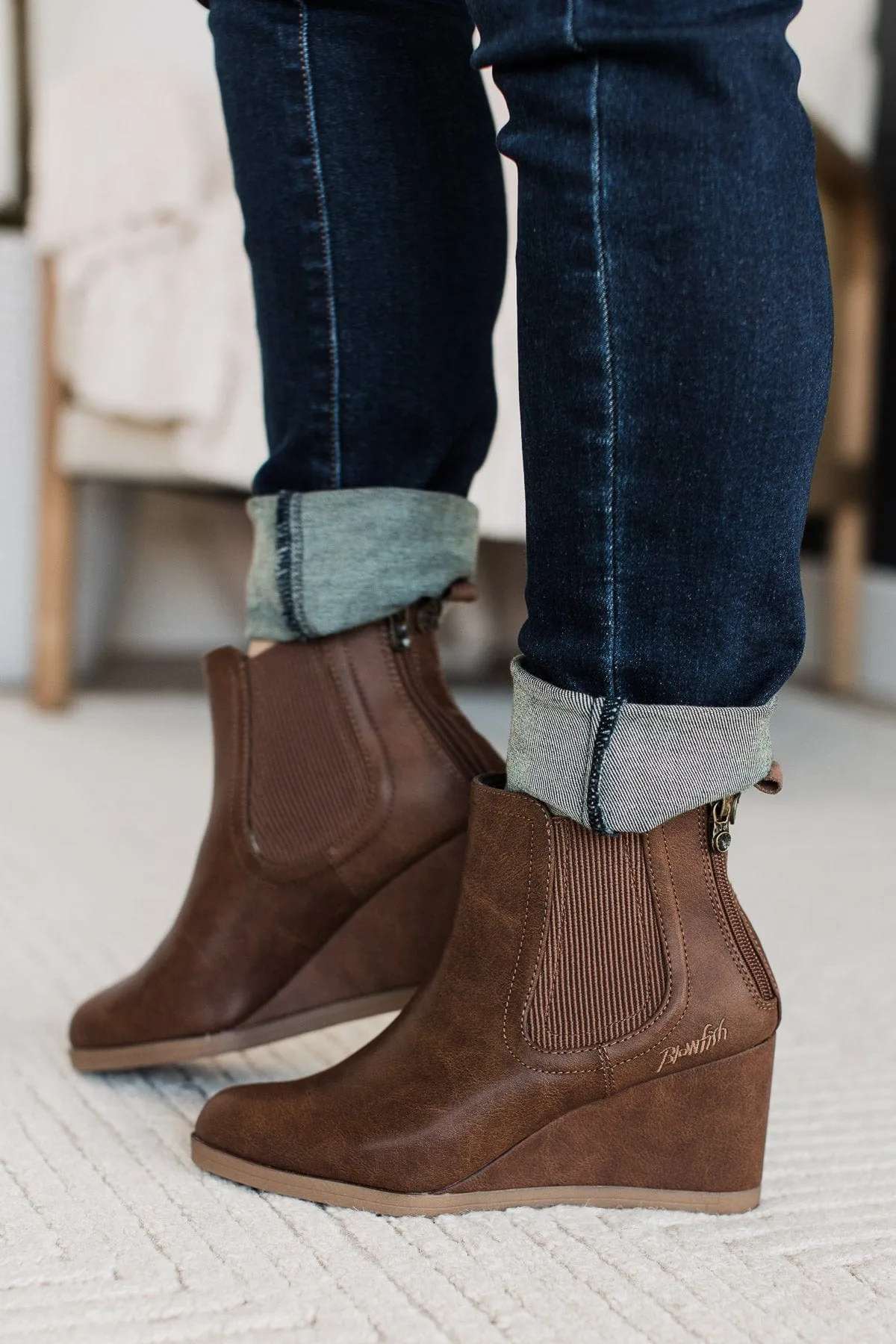 Blowfish Praline Wedge Booties- Rust Redwood