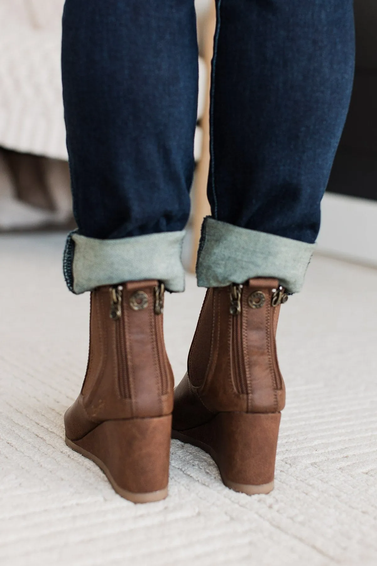 Blowfish Praline Wedge Booties- Rust Redwood