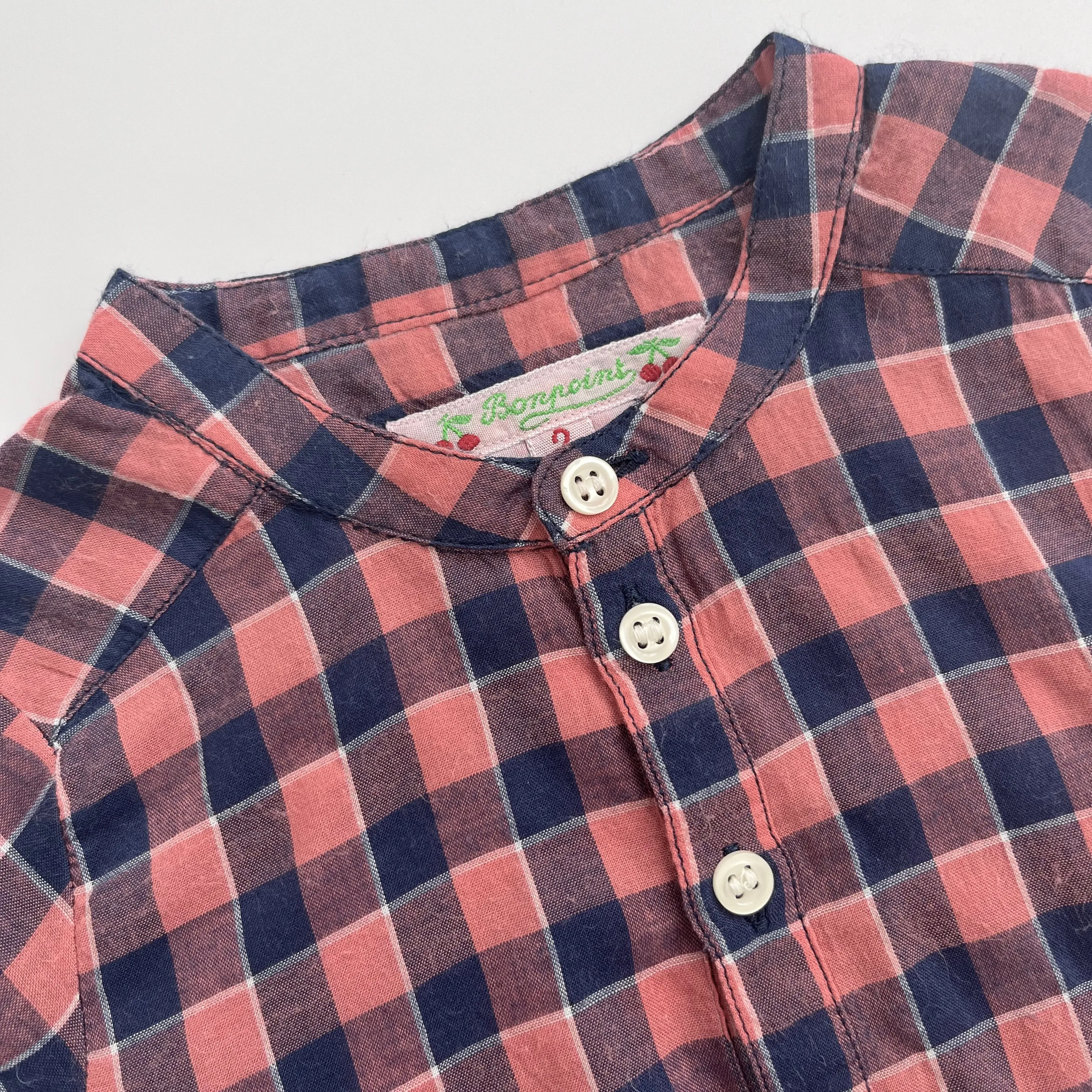 Bonpoint Collarless Coral & Blue Check Short Sleeve Shirt: 2 Years