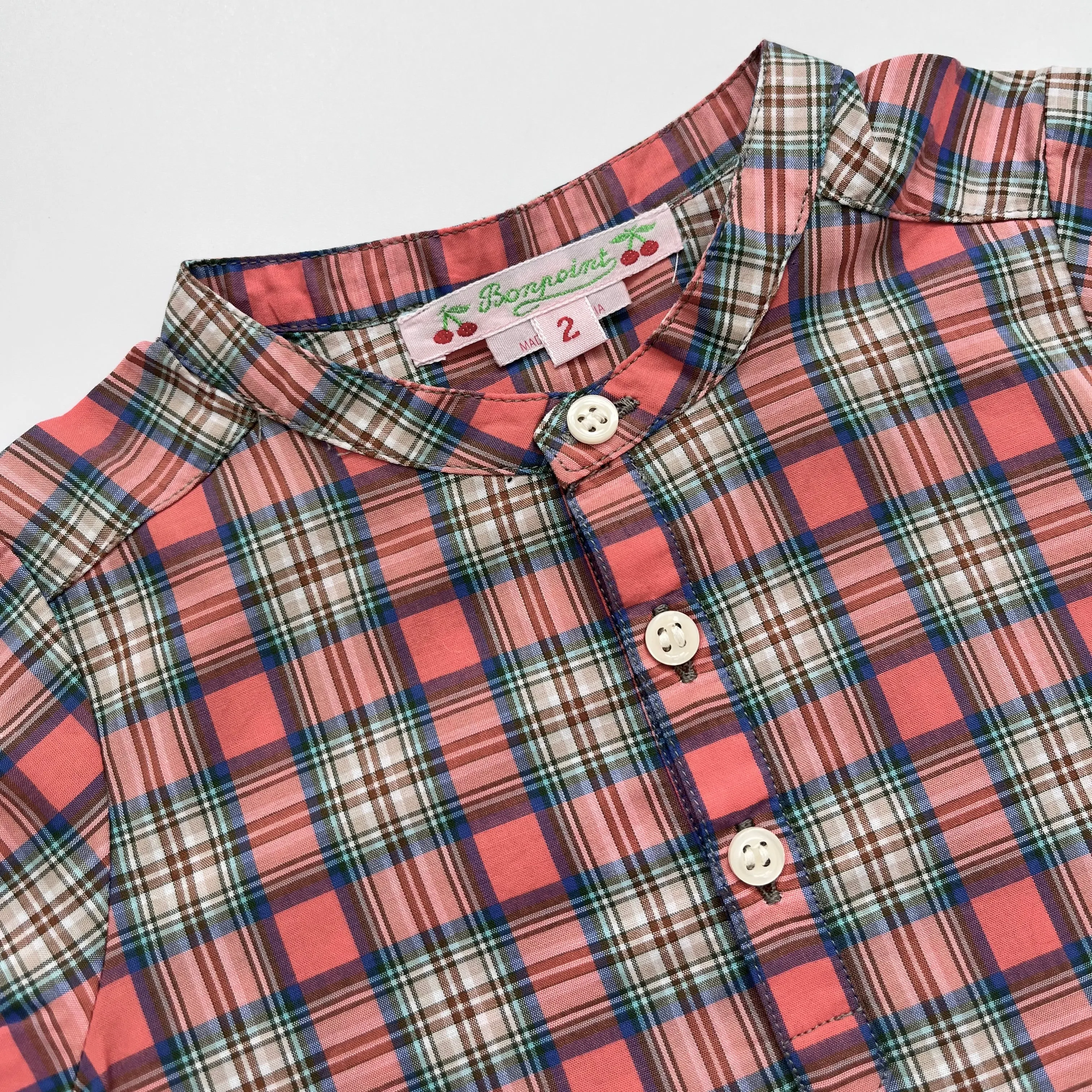 Bonpoint Collarless Coral Check Short Sleeve Shirt: 2 Years