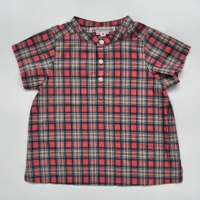 Bonpoint Collarless Coral Check Short Sleeve Shirt: 2 Years