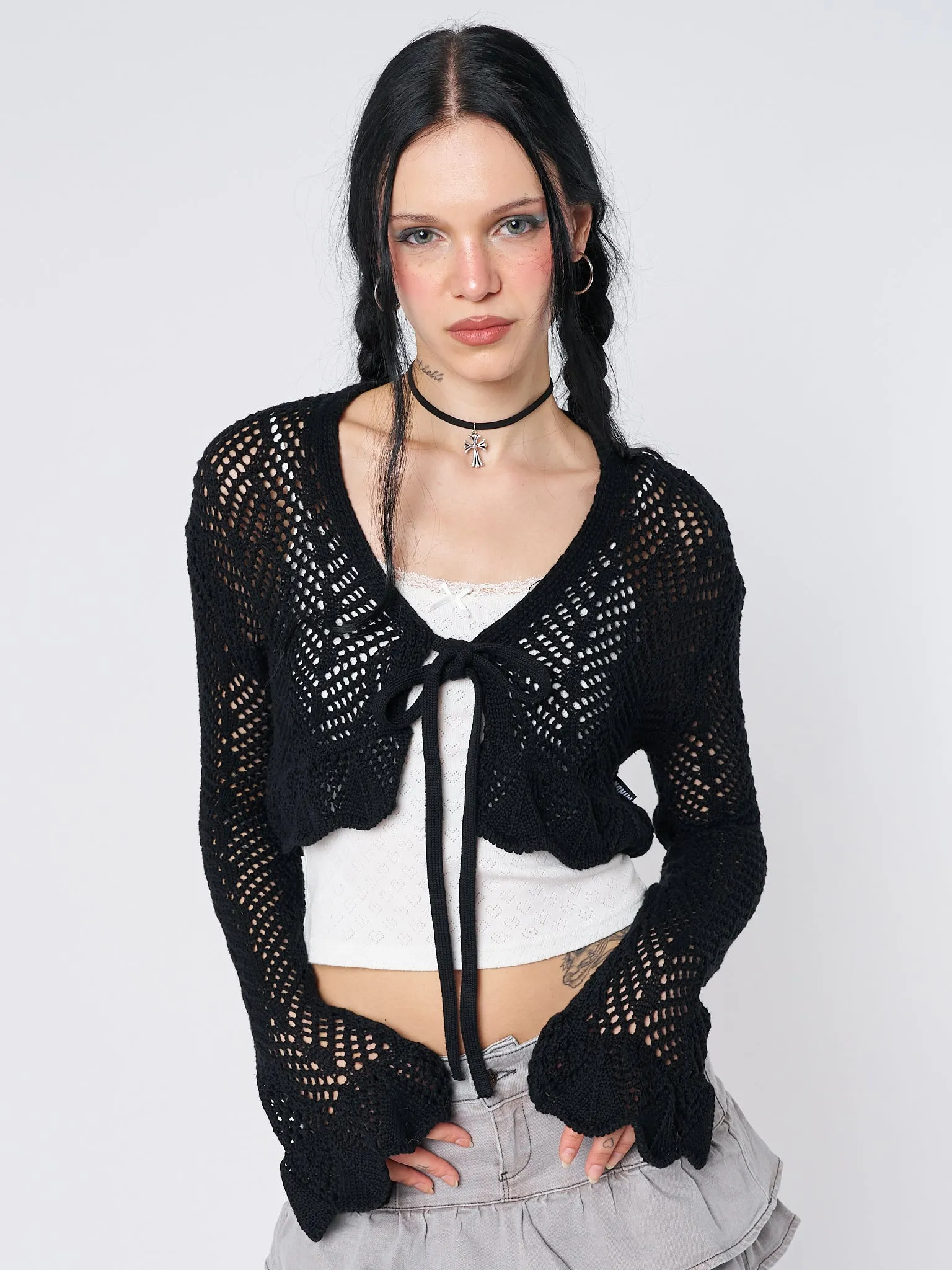 Brenna Tie Front Frill Crochet Crop Cardigan