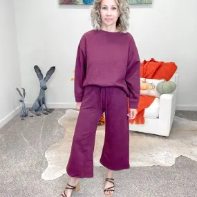 Burgundy Textured Cropped Wide Leg Pants