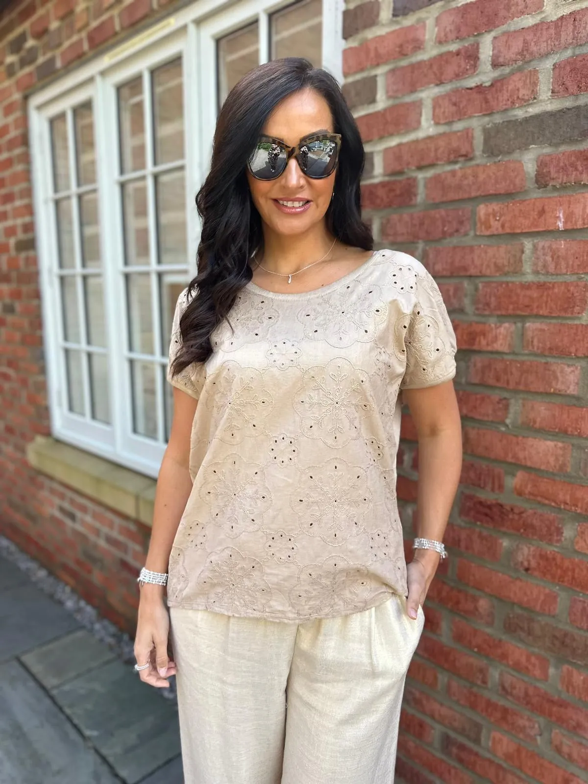 Camel Shimmer Broderie Floral Top Nancy