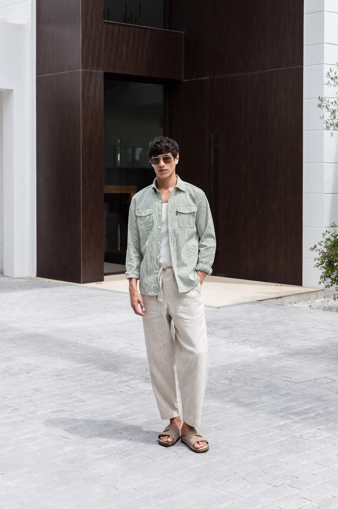 Capo LINEN LINED OVERSHIRT - Olive/White