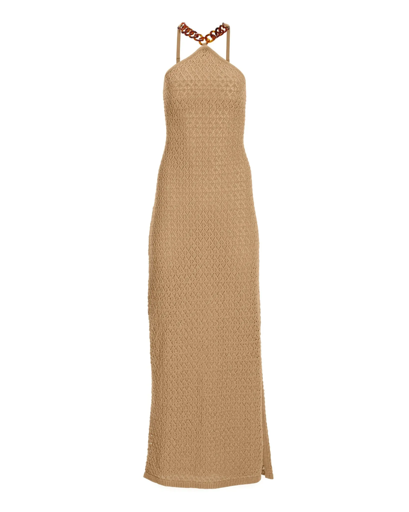 Chain Detail Crochet Halter Maxi Dress Tan