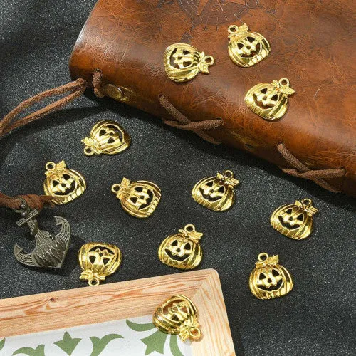 Charms, Tibetan Style, Single-Sided, Halloween, Jack-O-Lantern, Golden, Alloy, 18mm