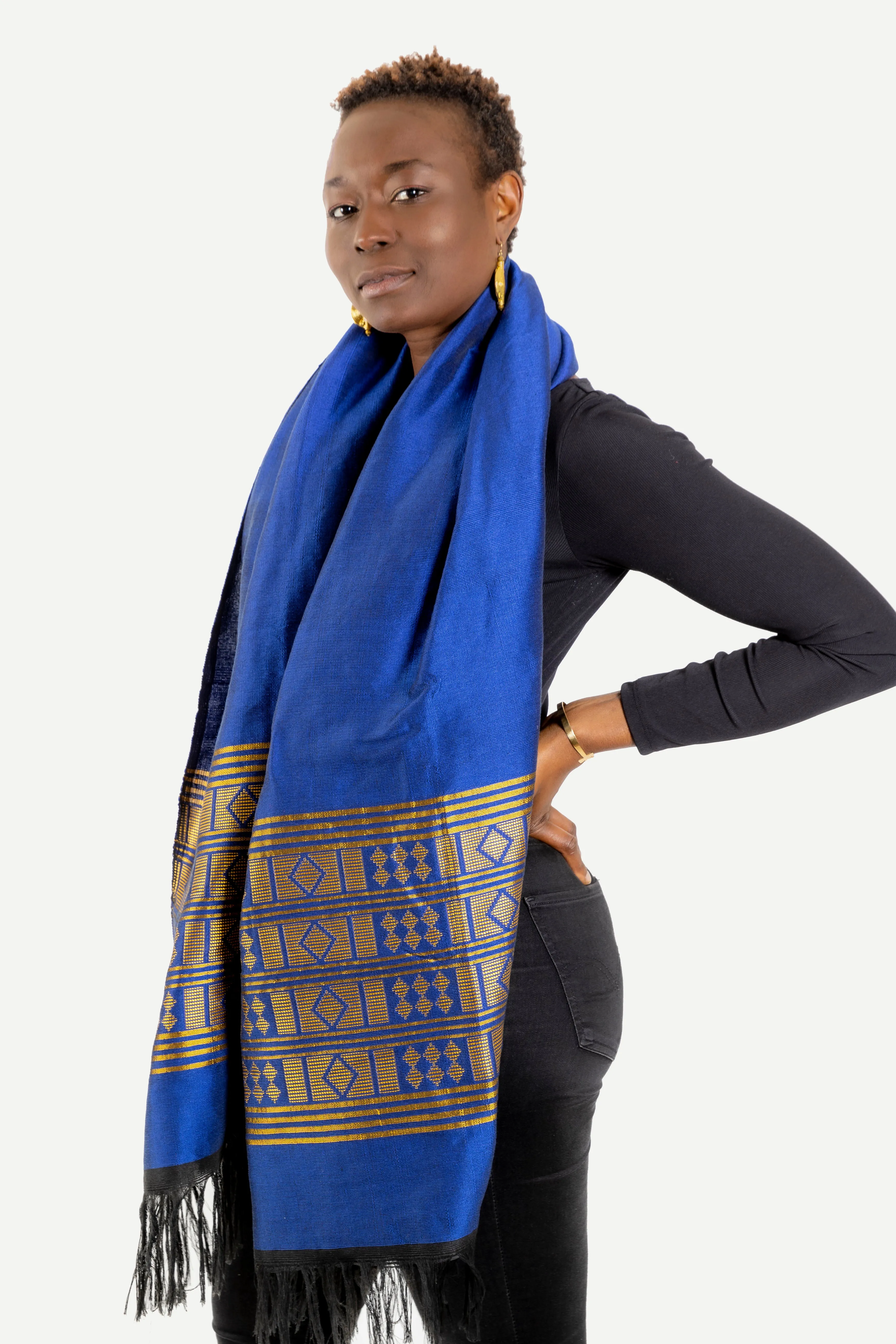 charpe en pagne tissé Manjak  - Bleu, 100% Made in Africa