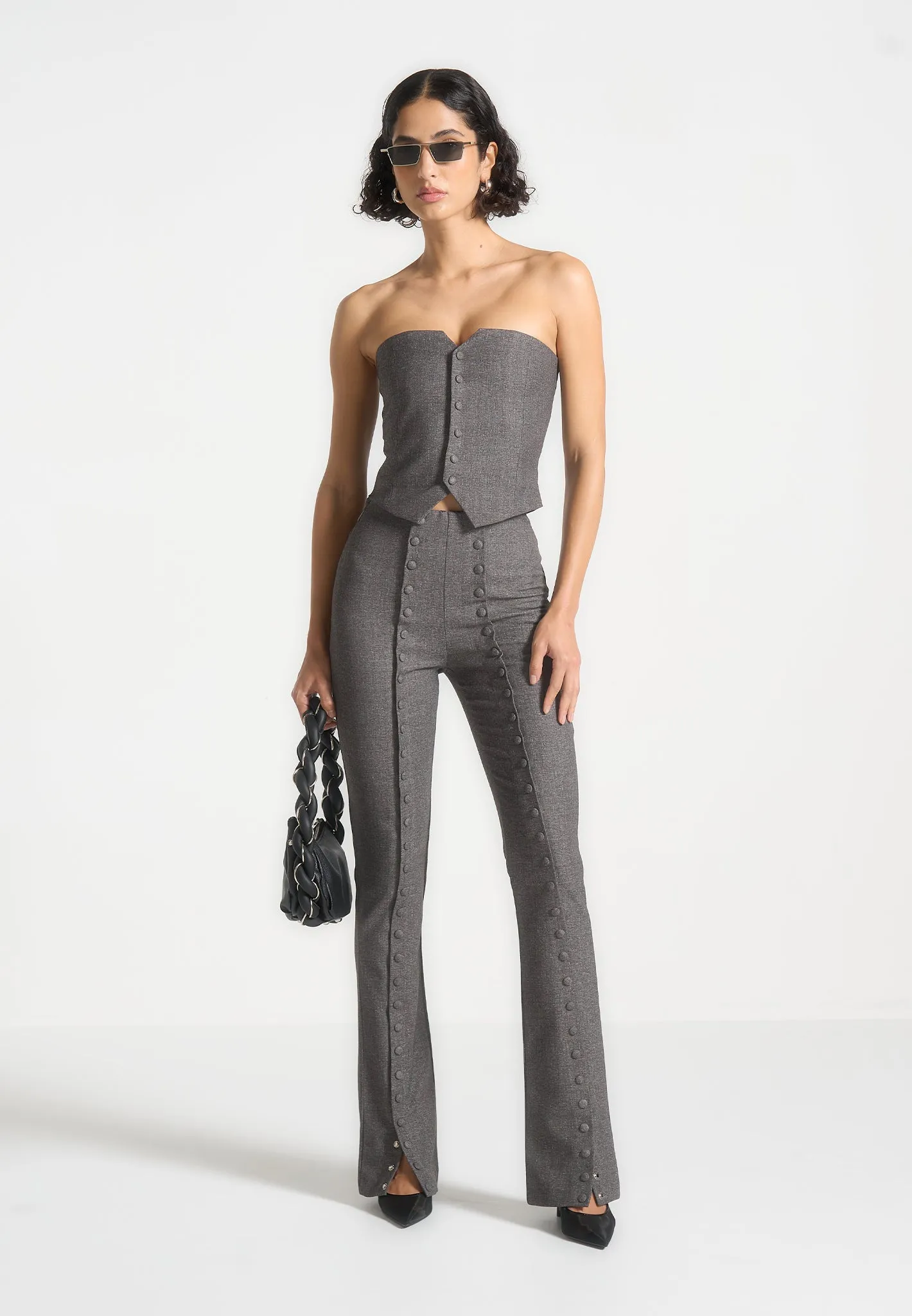 Cropped Tailored Blazer & Button Detail Bandeau - Dark Grey