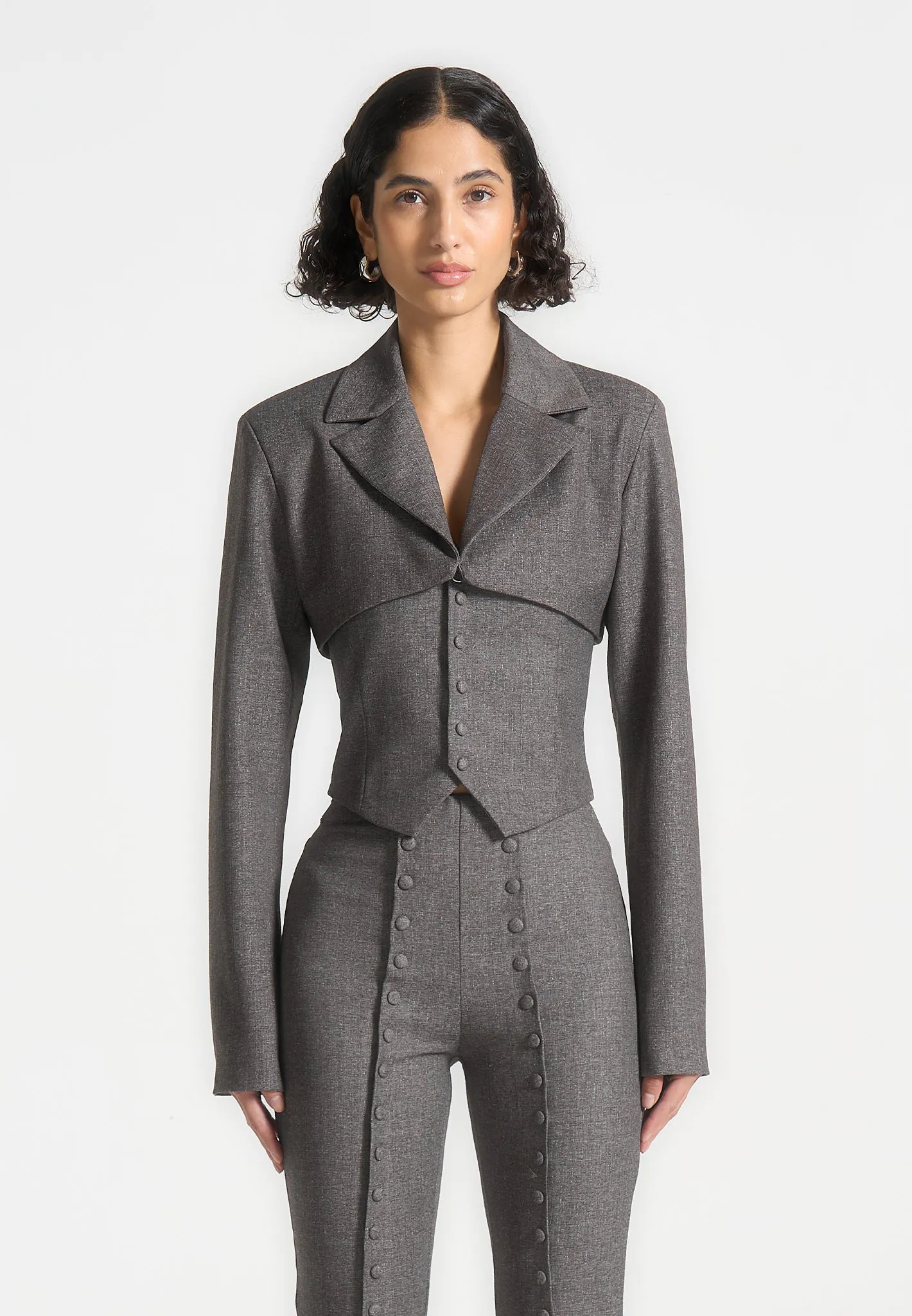 Cropped Tailored Blazer & Button Detail Bandeau - Dark Grey