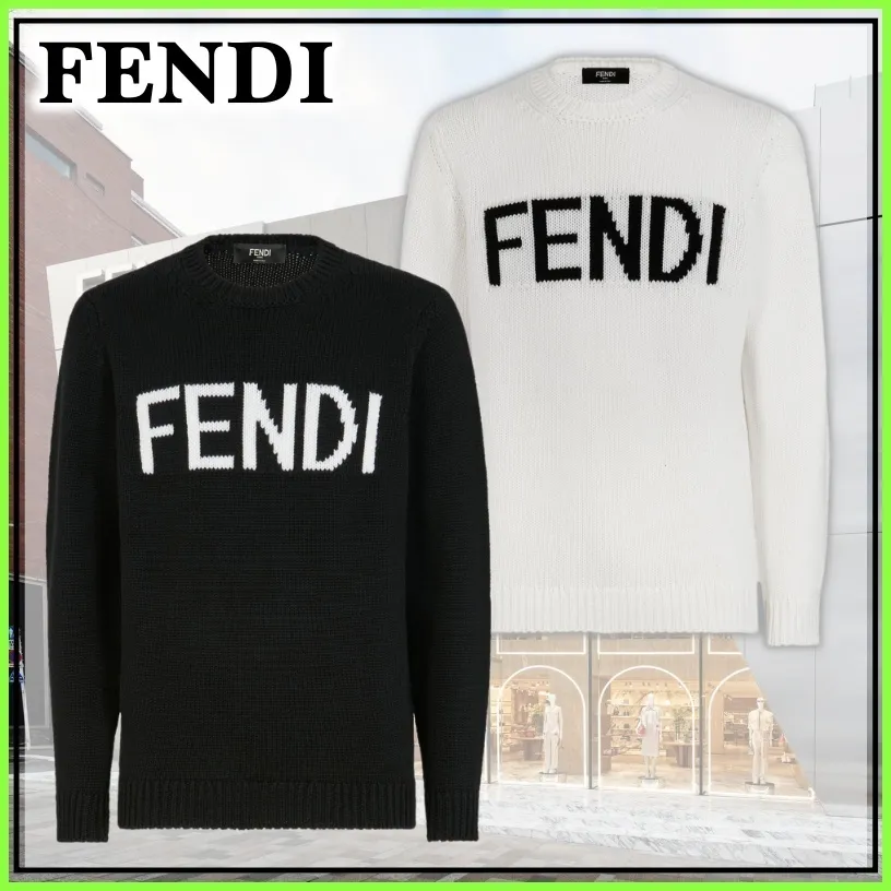 FENDI  |Crew Neck Pullovers Unisex Wool Fine Gauge Street Style