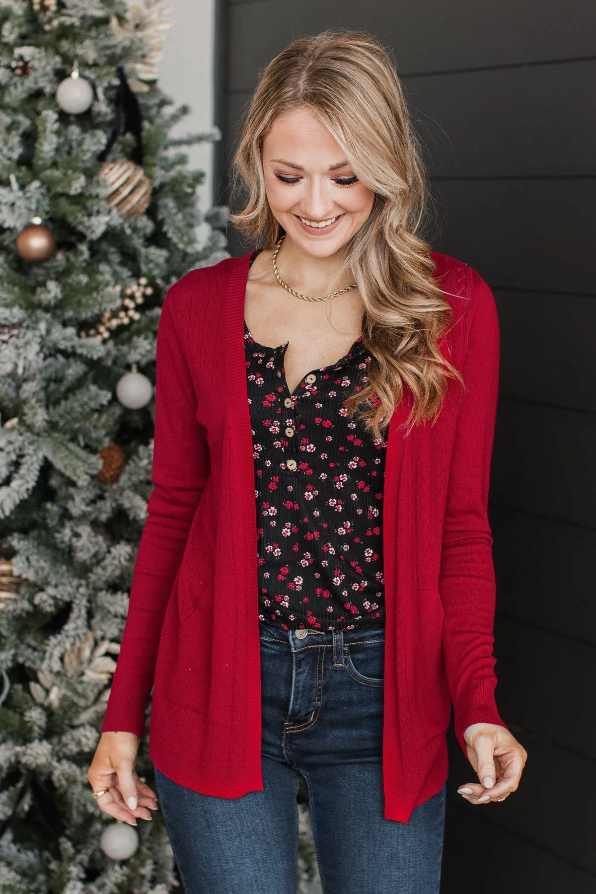 Found Myself Open Front Knit Cardigan- Red