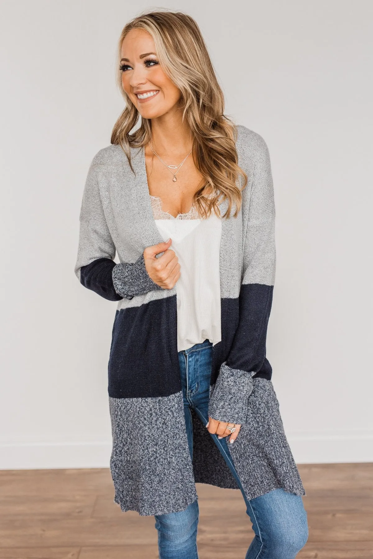 Frosty Mornings Color Block Cardigan- Grey & Navy