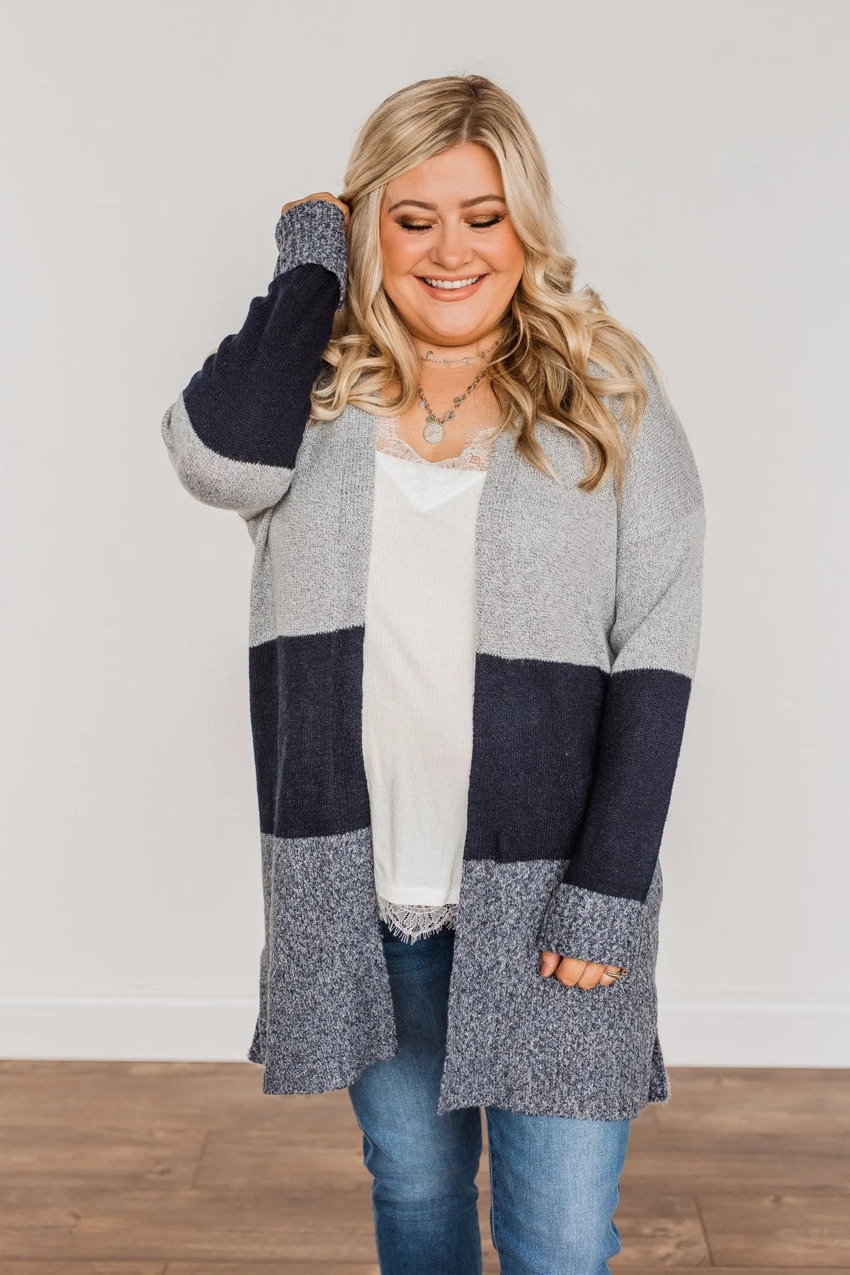 Frosty Mornings Color Block Cardigan- Grey & Navy