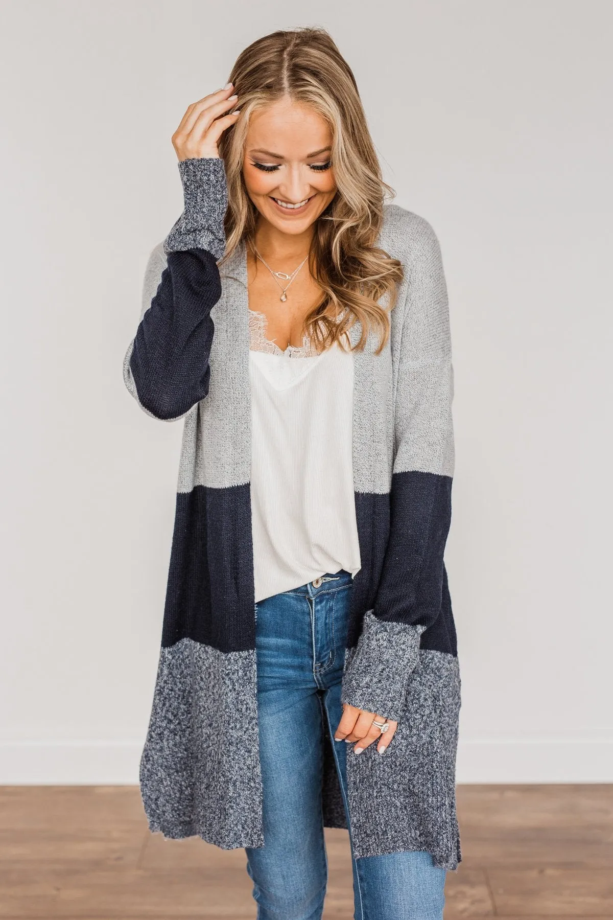 Frosty Mornings Color Block Cardigan- Grey & Navy