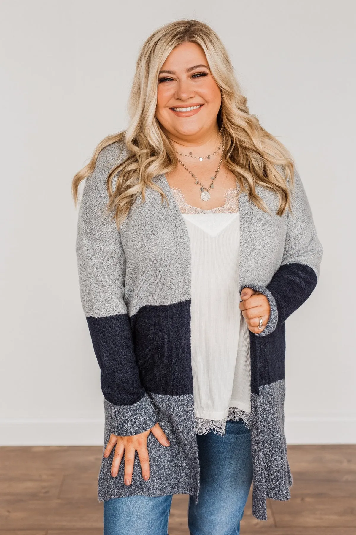 Frosty Mornings Color Block Cardigan- Grey & Navy