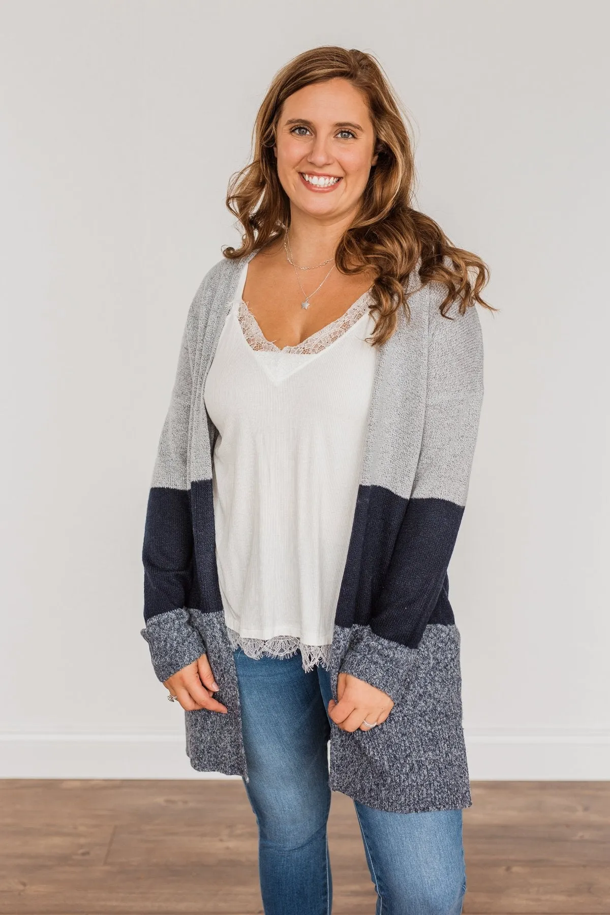 Frosty Mornings Color Block Cardigan- Grey & Navy